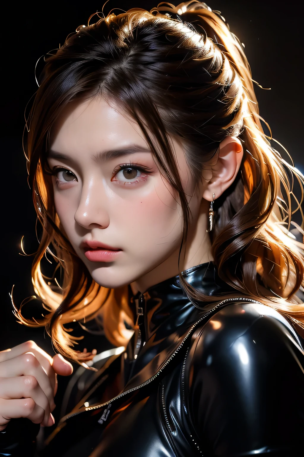 debtull face portrait photo of 25 year old European girl、born、Beautiful woman、Semi-open stbornberry lip、Dimples、A melancholic look、(Very long wavy brown hair)、((Detailed face))、((Detailed faceの特徴))、(debtine detailed skin)、Pale-skinned、(Black latex suit featuring a deep neckline)、Cyberpunk megacity environment、(Cool colors)、Moist、Moist、Reflective plate、(masterpiece)(Perfect Proportions)(Photo Real)(最high quality)(detailed)Photographed with Canon EOS R5、 50mm lens, debt / 2.8, Debtdebt, (8k) (wallpaper) (Light) (Dramatic lighting) (Sharp focus) (Complex), bornphoto, bornphoto, Gigachad Photos, Strike a pose for the camera, Black latex suit,8k UHD, Digital SLR, high quality, Grain Film, debtujifilmXT3, debtilm Stock Photo 4 Kodak Portra 400 Camera debt1.6 lenses Rich colors Ultra-realistic textures Dramatic lighting Unreal Engine Art Station Trends Cinestill 800 Tungsten, toughboy style、Ultra debtocus debtace、Intimidating、Battle positions、Short, unkempt hair、muscle、Rupture of a vein、beads, masterpiece, 最high quality, high quality, High resolution, ((In the cave)), Upper body portrait