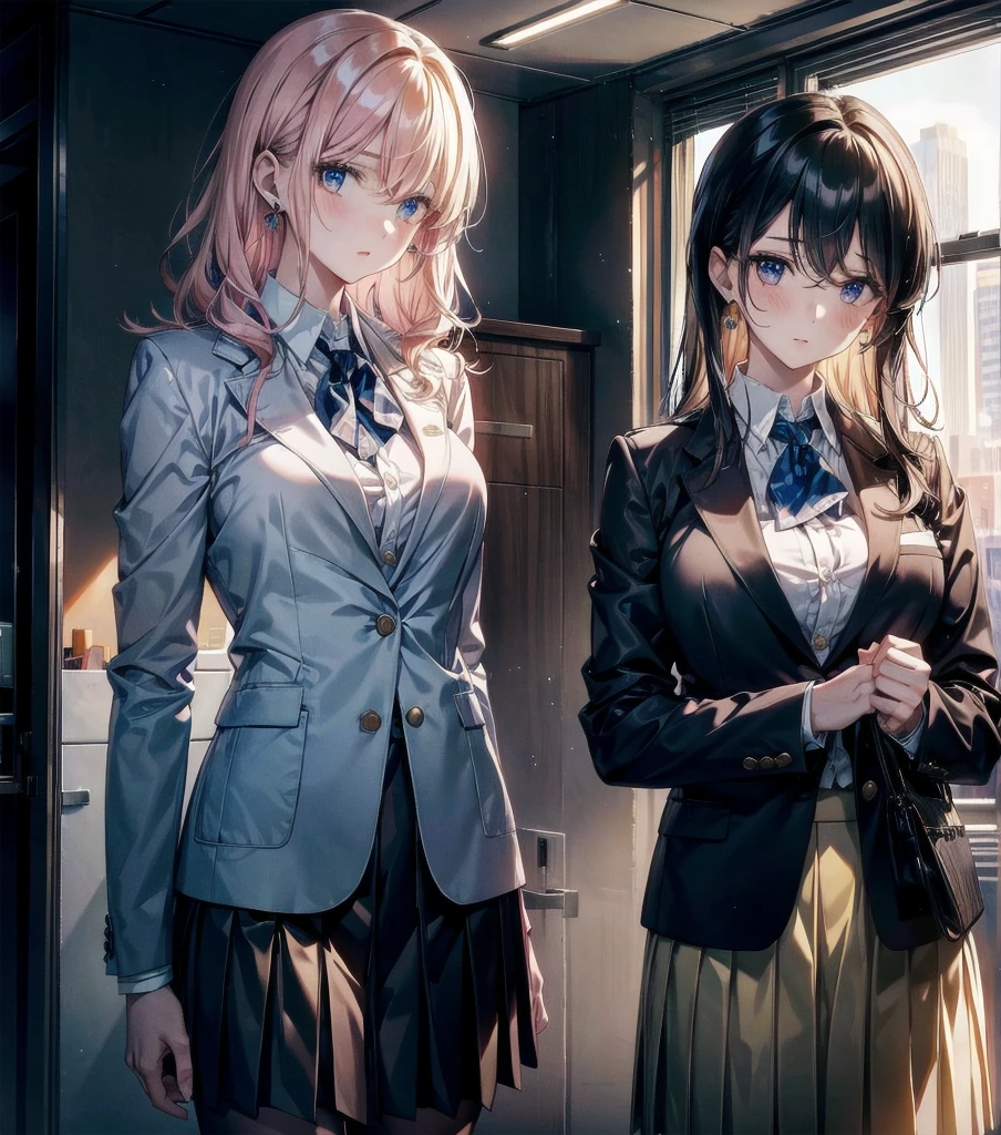 (((yuri))), (((2 girls))), (office lady suit), (skirt suit), (blazer), (blouse), absurdres, RAW photo, extremely delicate and beautiful, masterpiece, Best Quality, ultra high resolution, 32k, hyperrealistic, ultra-detailed, detailed description, perfect anatomy, pale skin, 20 years old, detailed beautiful face and eyes, tearful mole, earring, short medium hair, wavy hair, random colored hair, whole body shot, colossal tits,