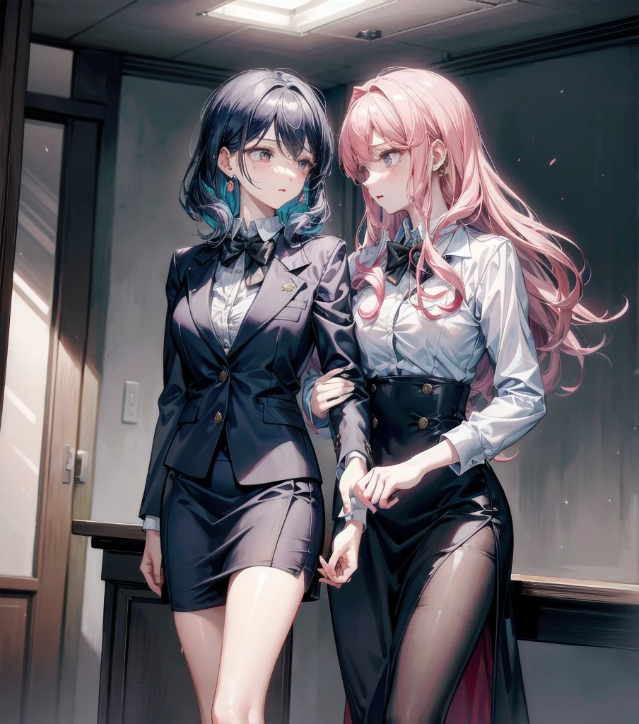 (((yuri))), (((2 girls))), (office lady suit), (skirt suit), (blazer), (blouse), absurdres, RAW photo, extremely delicate and beautiful, masterpiece, Best Quality, ultra high resolution, 32k, hyperrealistic, ultra-detailed, detailed description, perfect anatomy, pale skin, 20 years old, detailed beautiful face and eyes, tearful mole, earring, short medium hair, wavy hair, random colored hair, whole body shot, colossal tits, 
