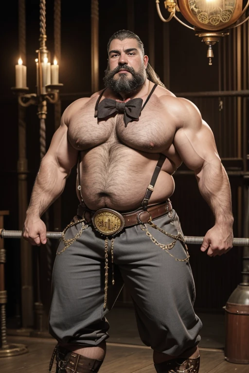Hyper-realistic image of an elderly 19th century English Steampunk circus tamer superhero with bare torso combed gray hair and huge handlebar mustaches A super heavy bodybuilder flexing his muscles A full body obese bodybuilder with a very sweaty body An extremely muscular and extremely fat man over 70 weighing over 600 pounds a very hairy muscular man with very big legs and sagging pecs big dark nipples and gynecomastia in the lion cage of a steampunk circus dressed in explorer pants and a whip in his hand and a hunter's hat on his head