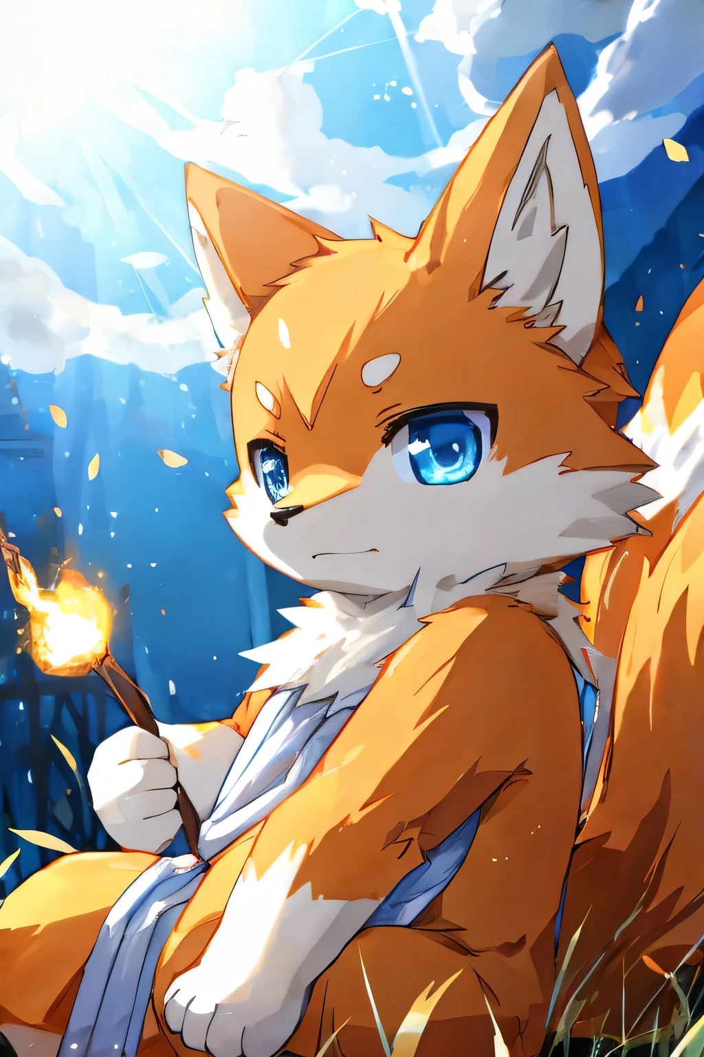 Role:Nine-Tailed Fox)、magic、fighting、high quality、Light blue eyes、(sad:3)