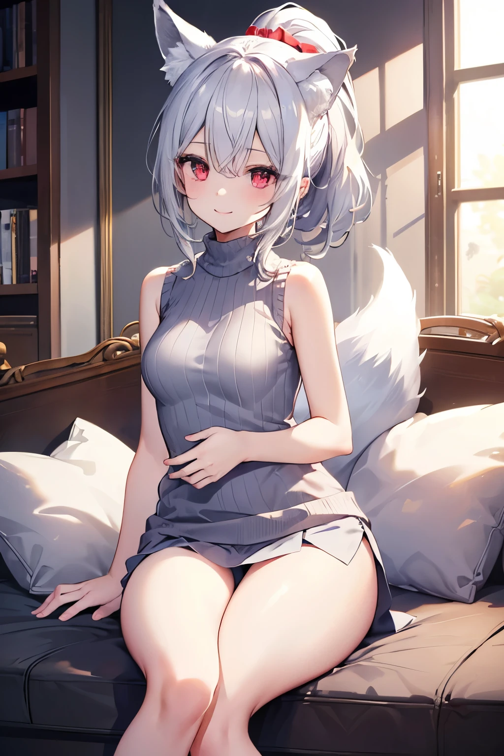 Silver Hair、Red Eye、Fox Ears、girl、Small breasts、ponytail、girl、Small breasts、Lolita、Bright smile、Looks about 15 years old、Petan Musume、short、目のhighlight、Sexy thighs、(length, High neck, Sleeveless sweater:1.3)、Your eyes are so beautiful、highlight