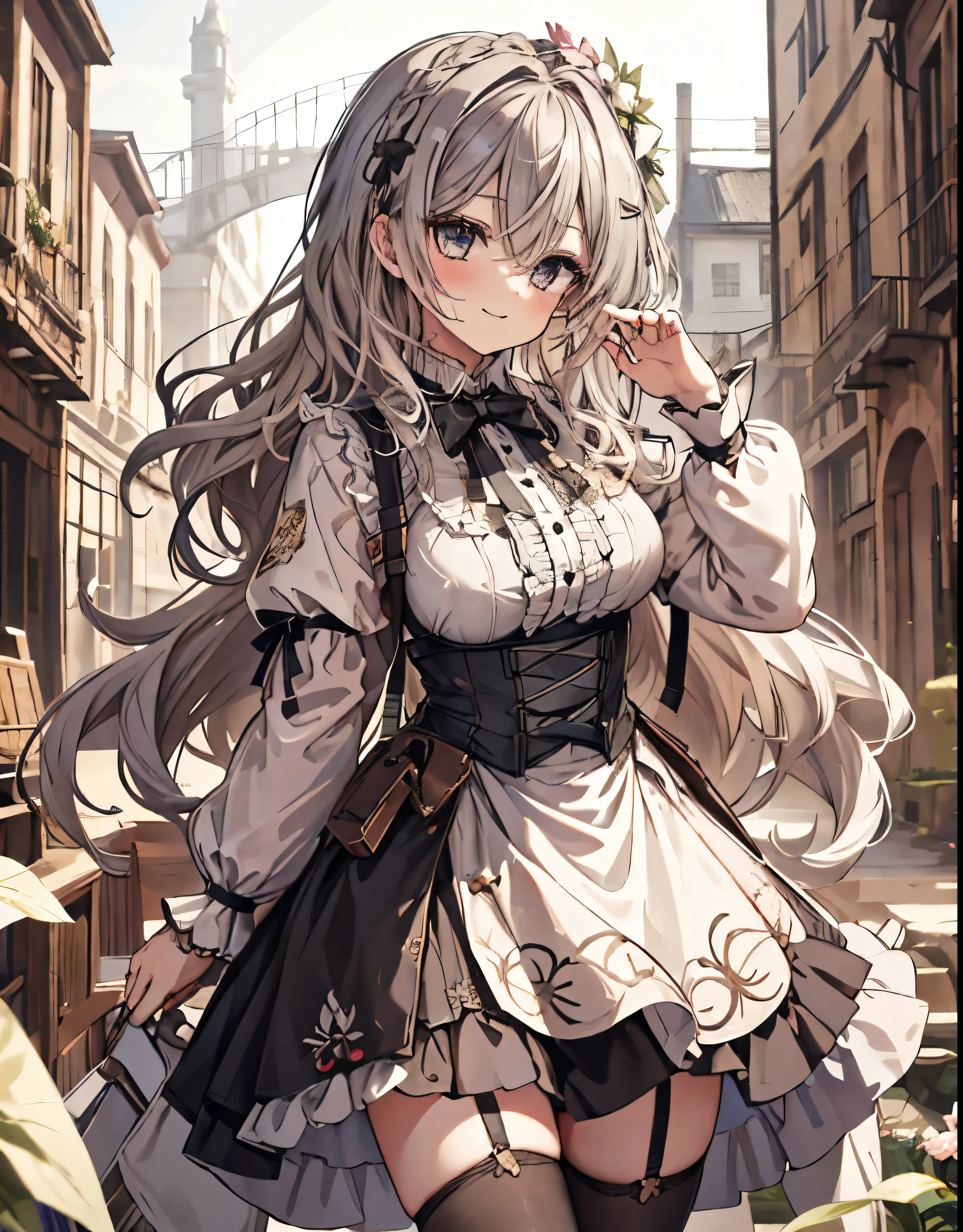 masterpiece, 1girl, sparrow, a silver haired girl, wearing a victorian dress, curly long hair, messy hair, slim body, he close her left eye, shirt ornament, ruby eyes, ahoge, baby face, big breast, beautiful breasts, rounded breasts, long sleeves, beautiful eyes, white stocking, droopy eyes, her age is 19 years old, ricefield, bowtie, nagisa_bluearchive, lovely face, medium hair, lovely smile, curly hair, gothic lolita