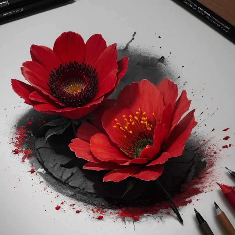 Dying red flower, charcoal drawing style, colorful, intricate, hyper realistic, ultra detailed, hdr, 4k, sharp focus