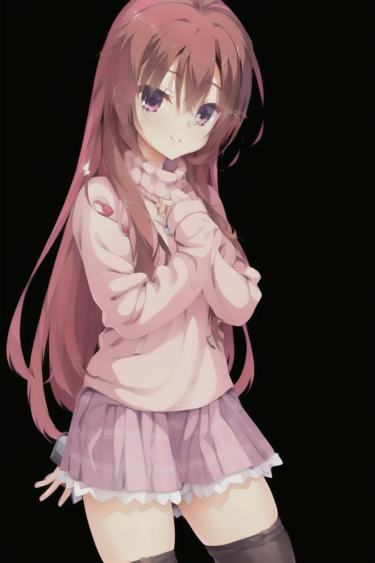 1girl,solo,bob_hair,mediam_long_hair,smiling,red_eyes,Mesh sweater, (pink sweater:1.35), miniskirt, (plaid skirt:1.3), (stockings:1.4), pantyhose, full_body,Bedroom,expensive_solve, clear_image, expensive_Contrast, 8k, Sparkling, beautiful_detailed_face_and_eye, (Reddish brown hair:1.25), 白 eye,Black background