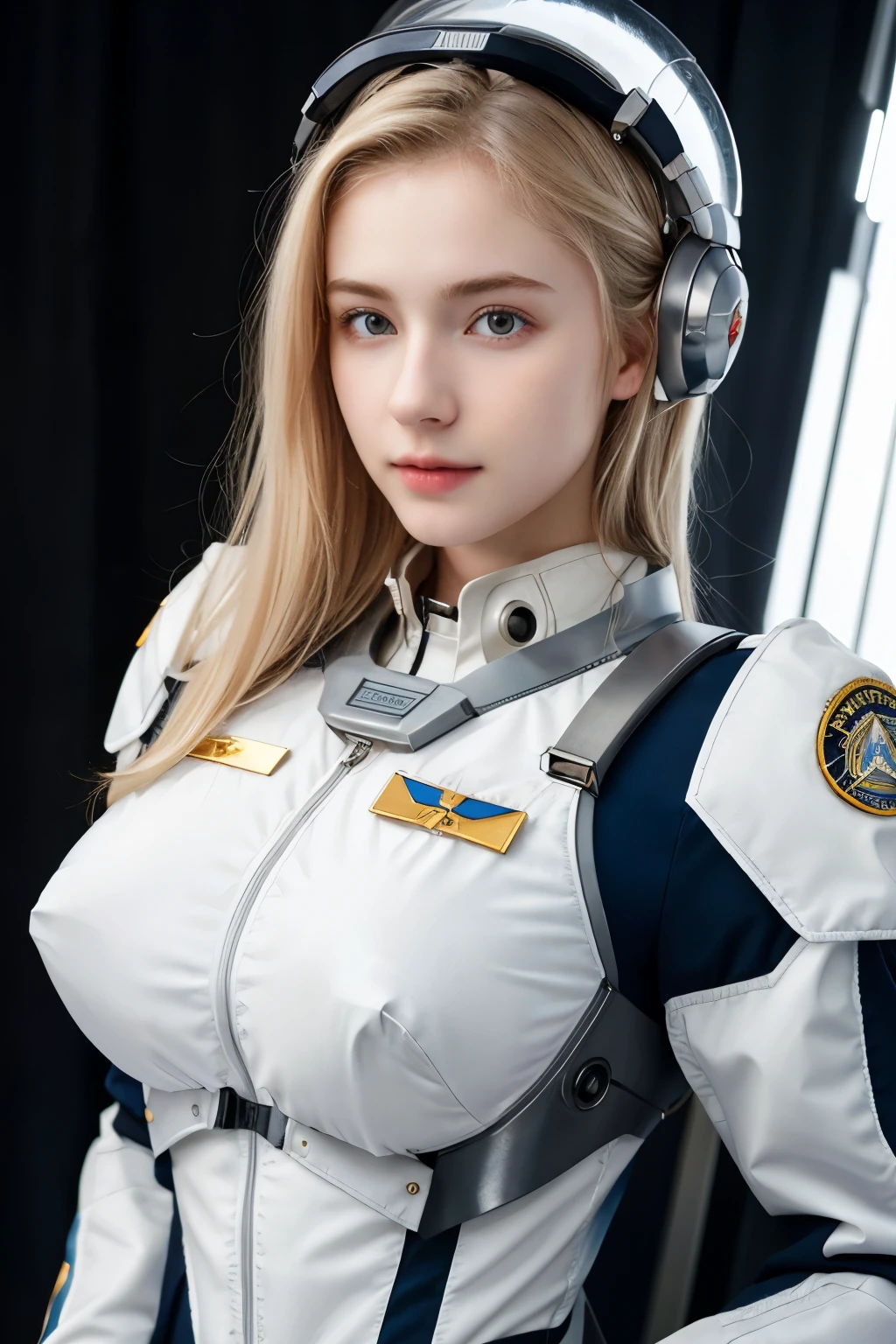 ((best quality)), photorealistic, photorealism, Photorealistic, high resolution, Beautiful, Baby Face, 17 Years Old, White Skin, pale skin, Medium breast, Combat pose, looking at the camera, (Detailed face), curtain hair, blonde hair, (wearing pilot suit, high-tech headware, mecha suit), (cloths color based on black), fullbody figure, fullbody shot, Fingers are occluded, concrete space ship background,