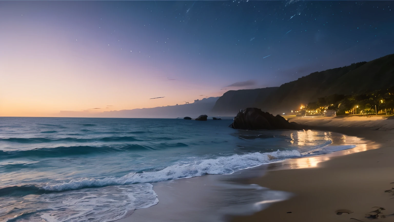 Landscape painting、night、Sandy Beach、Ocean、Moonlight