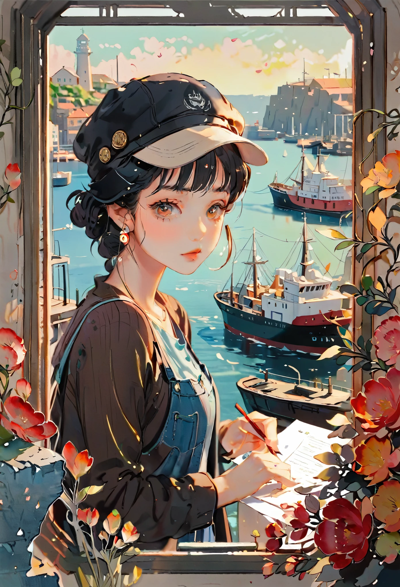 (((paper cutting style))), 1 girl, short black hair, cap, shirts and denim, portfolio, harbor and ship