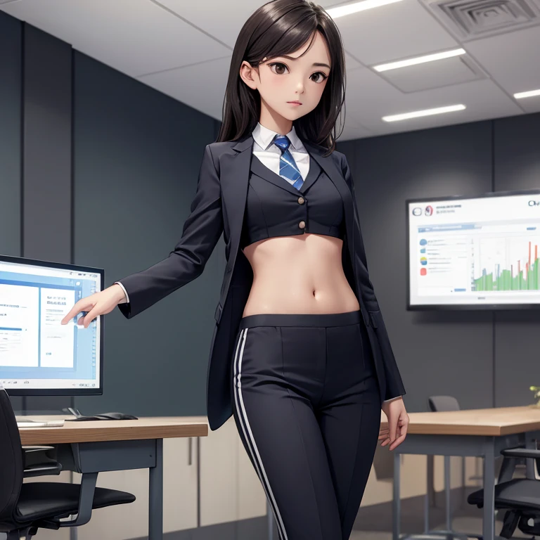 Girl in crop top professional suit, showing navel, ((doing presentation)), in the conference room