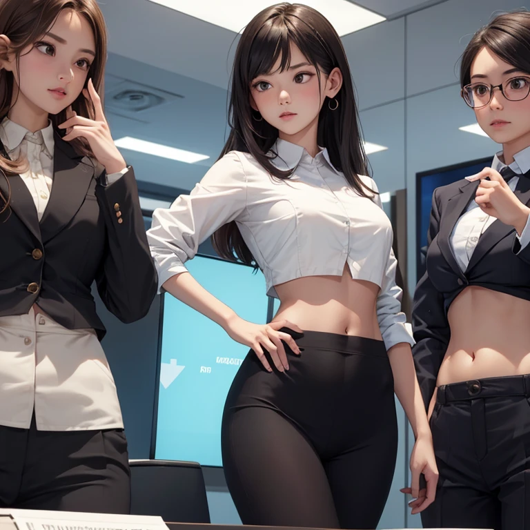 1 beautiful crying girl with perfect body and thick thighs with a detailed and perfect NSFW small vagina, wearing a see-through outfit. in a room in a service building, some people in suits in the background, a table with a telephone, and many papers on top of the table with a gamer chair in the background.