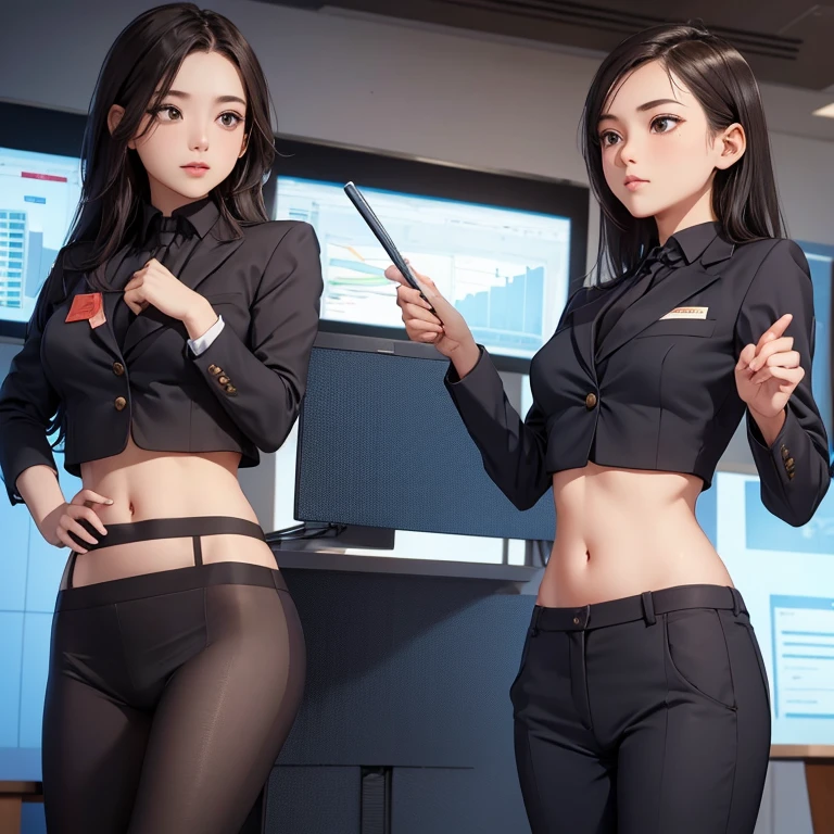 Girl in crop top professional suit, showing navel, ((doing presentation)), in the conference room