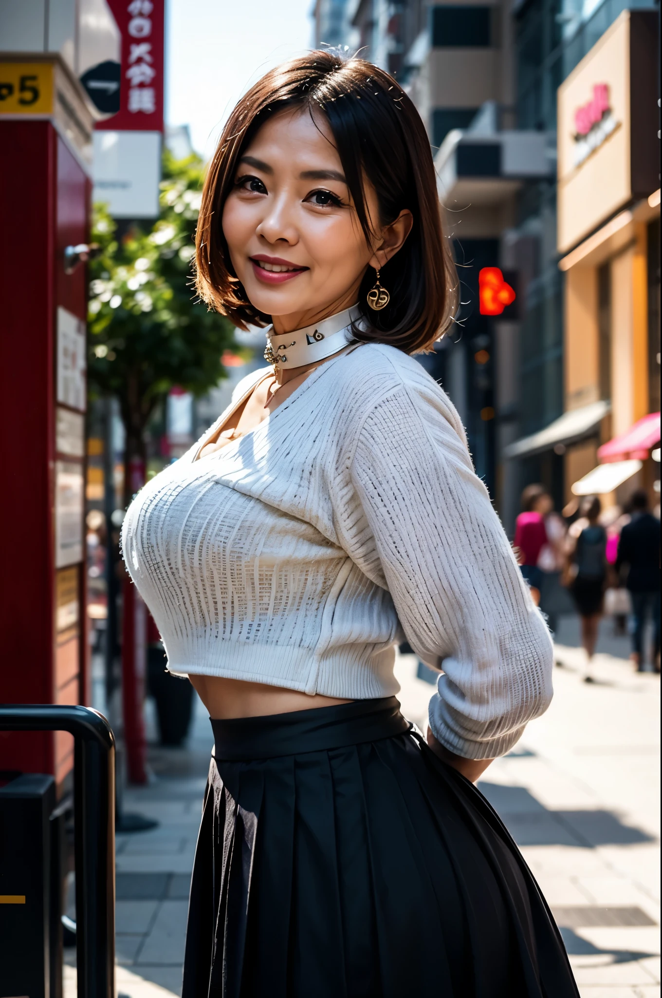 Pleated skirt 75 years old Mom MILF Chinese Lady large earring Big choker navel piercing decoration A bracelet Silver Hair realisitic Gorgeous Madame Beautiful Mature Woman sexy Smile Gentle woman navel piercing 4K High quality shopping mall crowd shopper Gorgeous Madame Beautiful Mature Woman