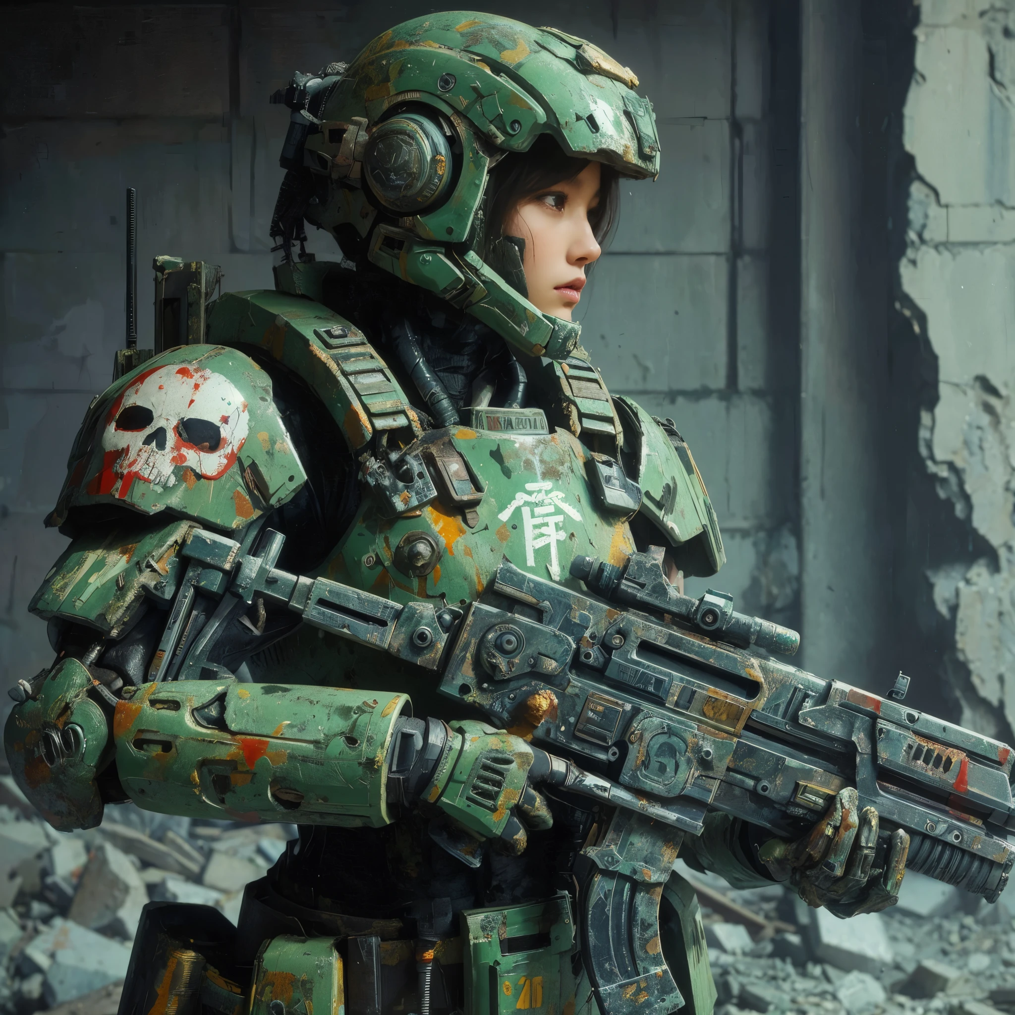８ｋ,Realistic Skin Texture、Superrealism、Realistic Photo、A futuristic Japanese female soldier stands amongst rubble、Damaged moss green metal armor、Skull mark painted on armor、Painting of the unit and identification number、Peeling paint、Oil stains、Energy Rifle、fighting spirit、Detailed Description、Dynamic pose
