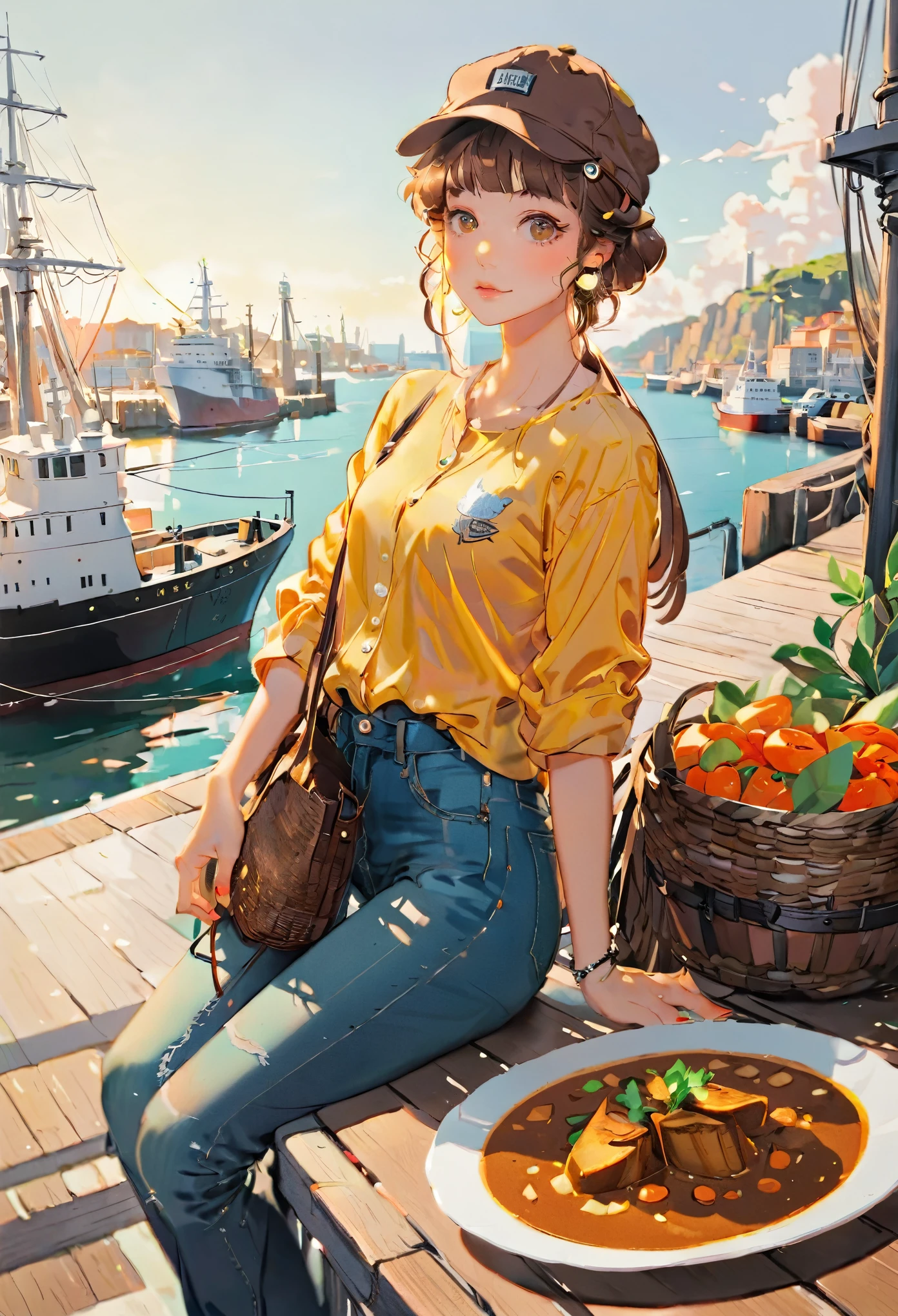(((paper cutting style))), 1 girl, short brown curry hair, cap, shirts and denim, portfolio, harbor and ship