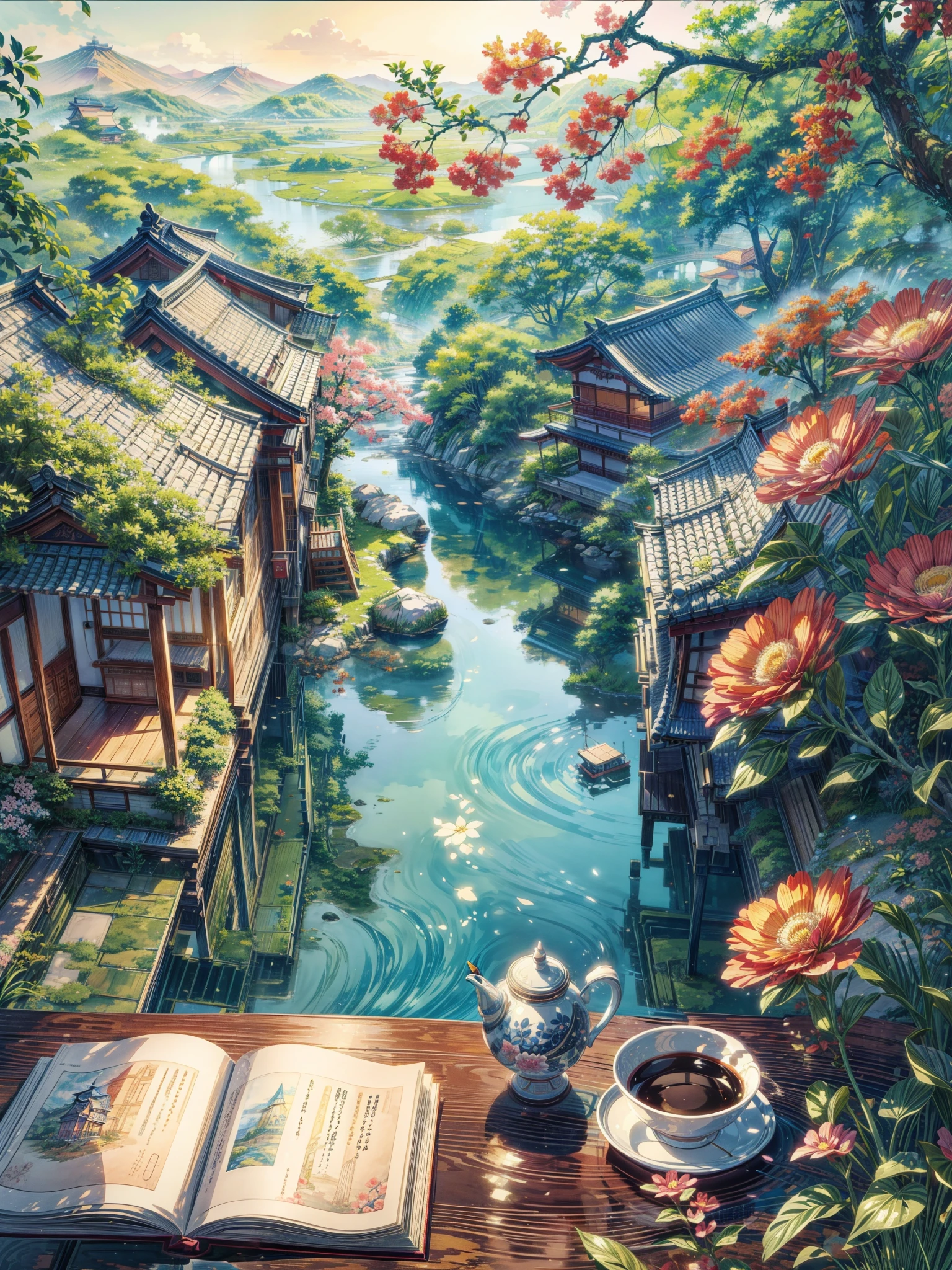 a painting of a river with flowers and a book on a table in front of, serene illustration, beautiful aesthetic art, dream scenery art, a beautiful artwork illustration, beautiful illustration, beautiful drawing style, beautiful detailed illustration, stunningly detailed artwork, dreamy chinese town, japanese illustrator, beautiful detailed scene, beautiful digital illustration, beautiful intricate painting, lofi art, dreamy illustration, beautiful anime art style, japanese print art, scenery art detailed