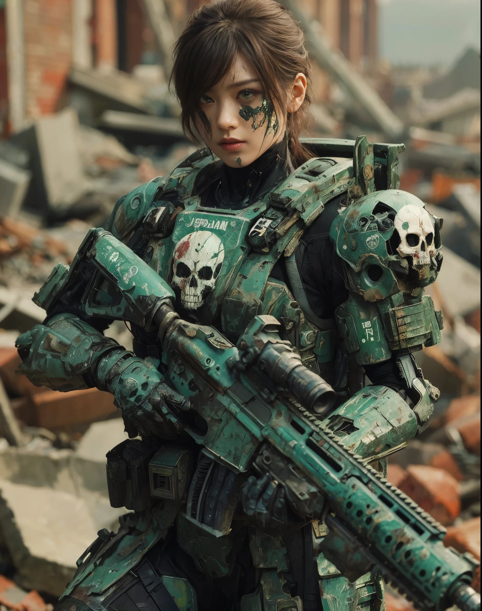 8k,Realistic Skin Texture、Superrealism、Realistic Photo、A futuristic Japanese female soldier stands amongst rubble、Damaged moss green metal armor、Skull mark painted on armor、Painting of the unit and identification number、Peeling paint、Oil stains、Energy Rifle、fighting spirit、Detailed Description、Dynamic pose
