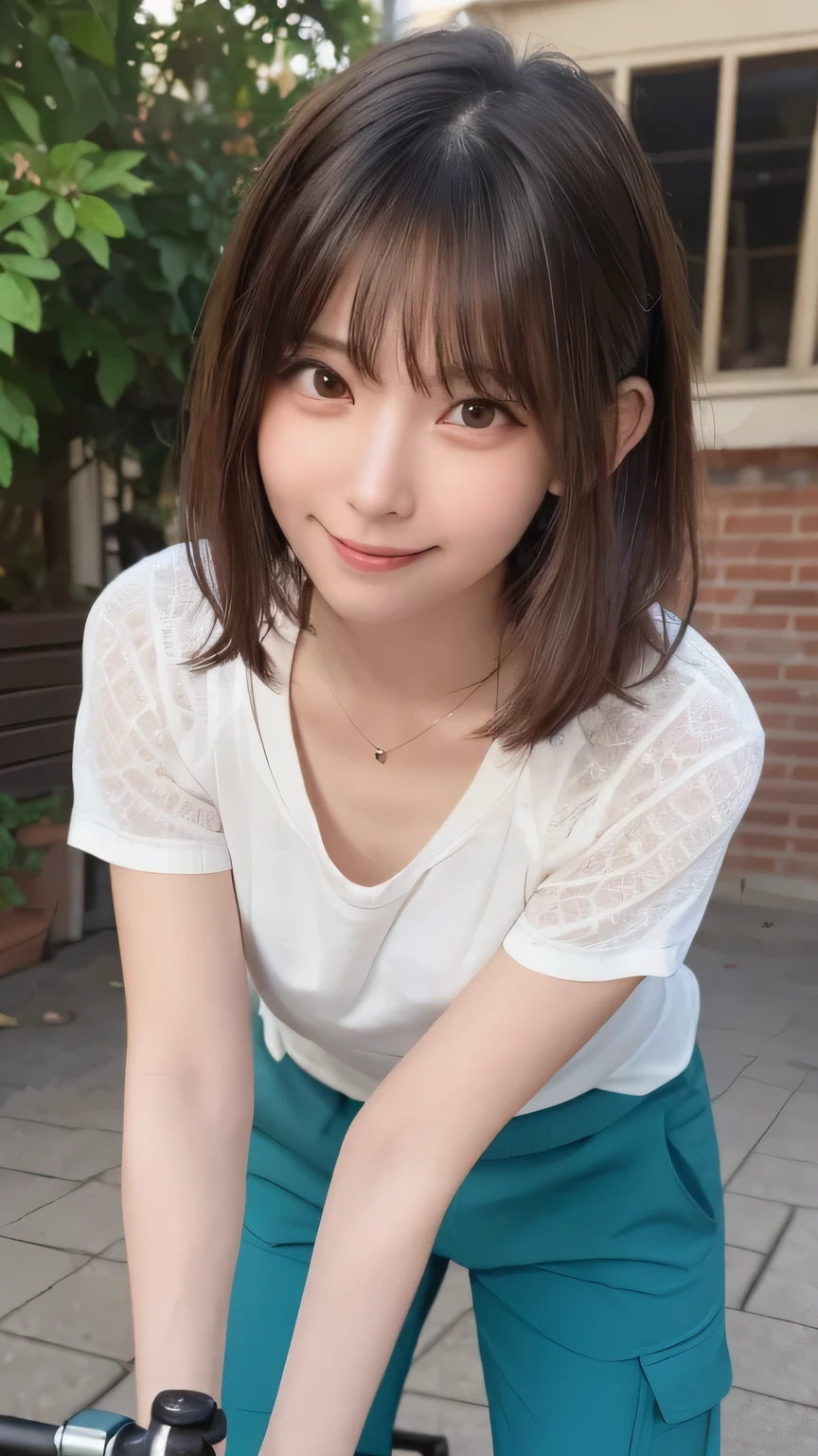 top-quality,fullbody shot,,super high resolution,(Realistic:1.4),Raw photography,
generally,Girl pushing a bicycle at camp,cargo pants , Adventure Clothing , 8K, (RAW Photos: 1.2), (realism: 1.4), (Tabletop: 1.3), (Exquisite detail: 1.2), Delicate and beautiful details, (Eye details), (Facial details), (highest quality) :1.4), (Super Resolution: 1.2), Cinematic light, (Highly detailed illustration), (eyelash, highest quality, Super Resolution, Depth of written boundary, Wide Light, Natural Shadows,random cute pose, shy smile , Puffing out her cheeks and getting cutely angry ,