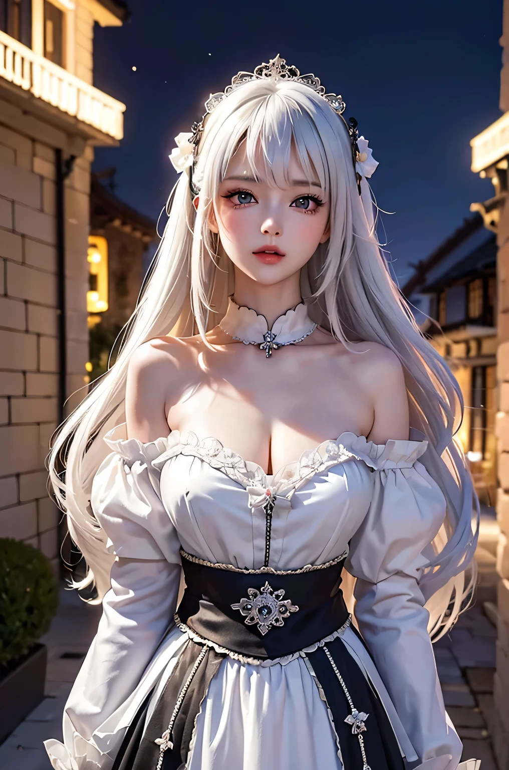 (masterpiece:1.4, best quality, 8k, dutch angle,Realistic、Photorealistic illustrations, Every detail、Intricate details)(1girl, solo)(cute girl, Detailed faces down to the smallest detail、 huge beautiful breasts, beauty white hair:1.5, Cute Asian Girl、Beautiful cleavage)(Gothic、Lolita Costume、black gothic dress、Monotone dress)(arms behind body. floating hair)(Night view、Britain in the late 20th century、A row of stone houses、out door、moon、Soft Light、Fantastic lights、Beautiful hair that shines through the light)
