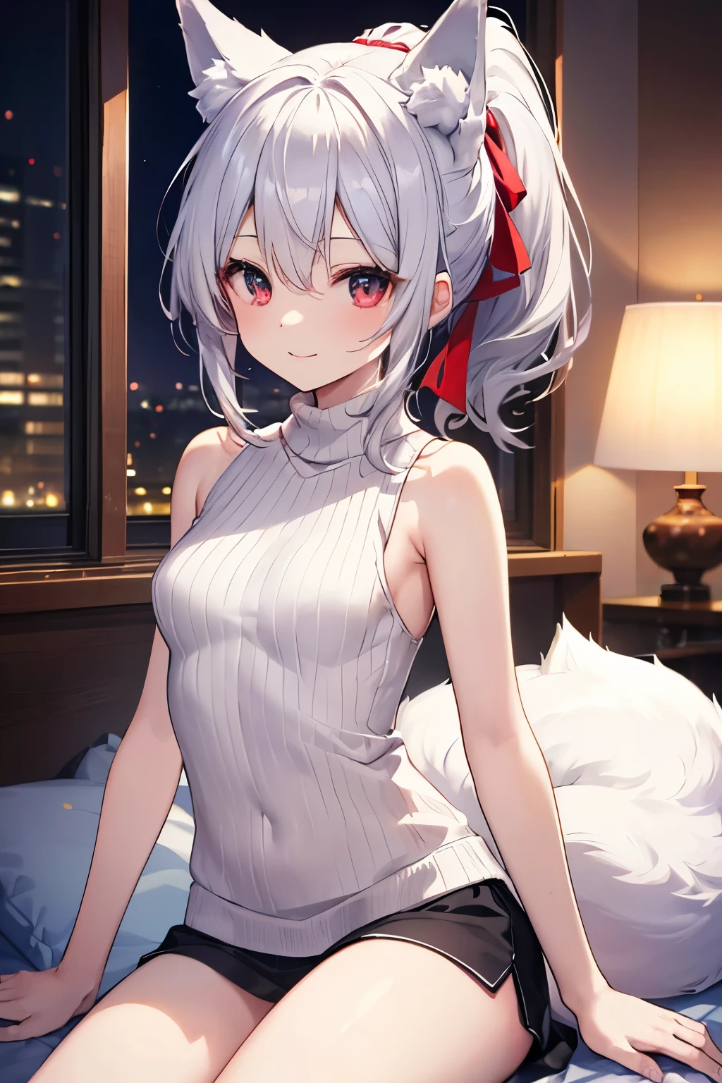 Silver Hair、Red Eye、Fox Ears、girl、Small breasts、ponytail、girl、Small breasts、Lolita、Bright smile、Looks about 、Petan Musume、short、目のhighlight、Sexy thighs、(length, High neck, Sleeveless sweater:1.3)、Your eyes are so beautiful、highlight