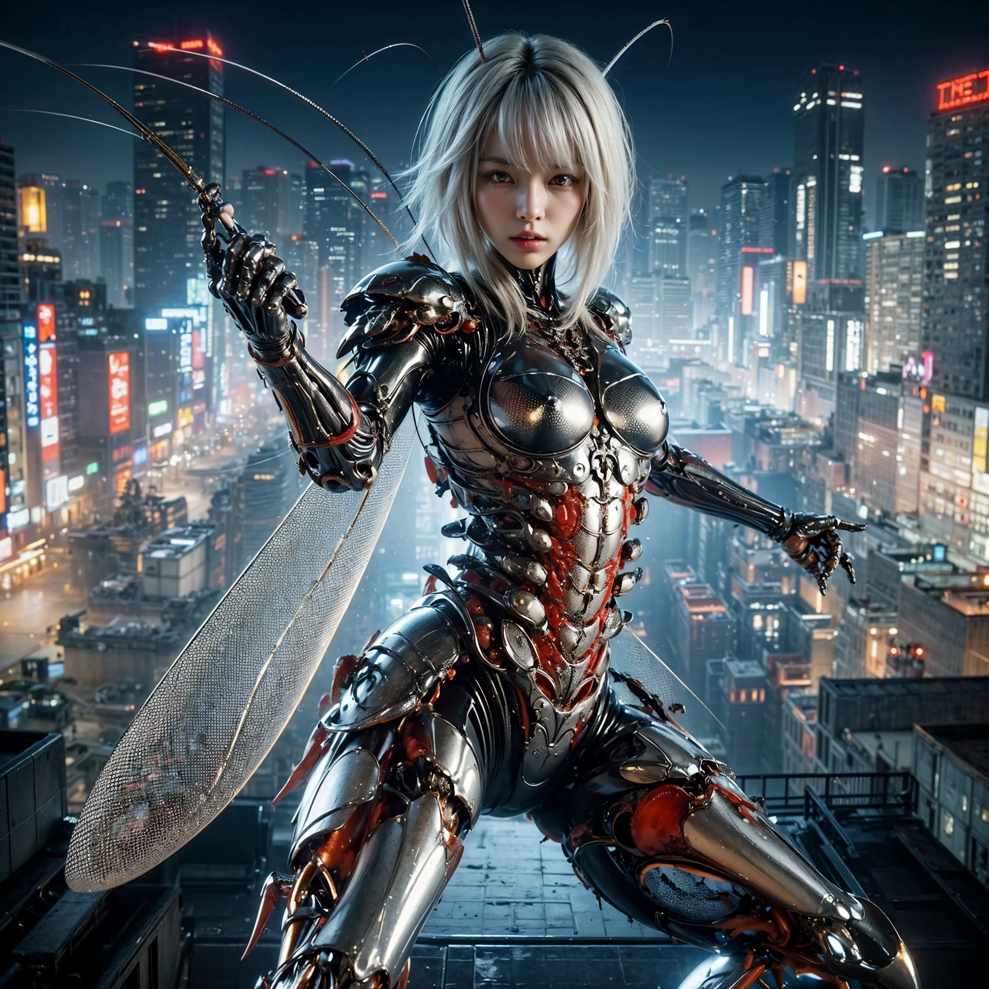 (top-quality:1.2, masterpiece), ultra high resolution, (Photorealsitic:1.4), (crab-base body), 1 Japanese female, extremely realistic face, (white hair), ((ultimately intricate all details)), (whole body picture), realistic shadow, octan render, glossy textures, character edge light, Details of complex ornaments, dystopia with a beautiful view at night, fighting pose