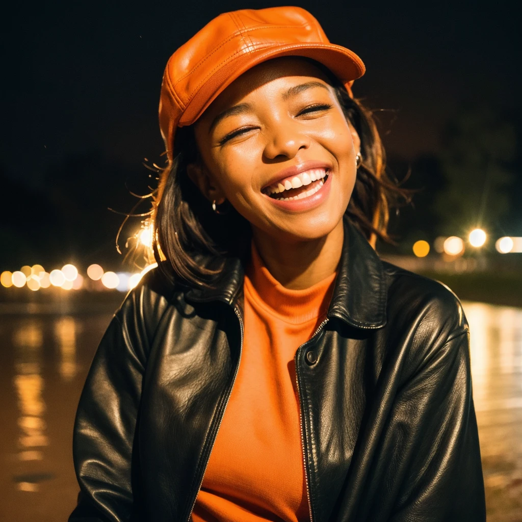 (best quality,realistic,highres,masterpiece:1.2),ultra-detailed,photorealistic:1.37,portrait,black South African women with orange hat wearing a leather jacket, laughing in the rain,night,summer, day, joyful,film grain,Ilford HP5,35mm