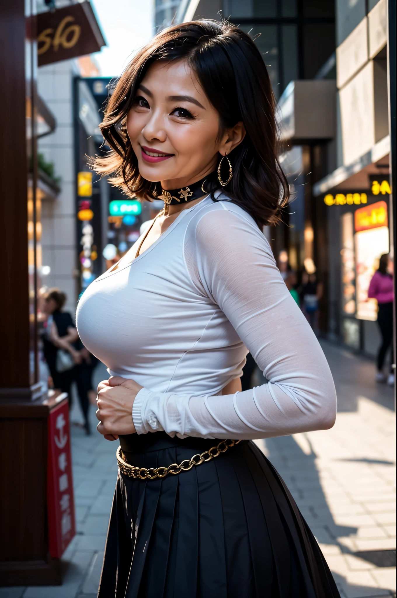 Pleated skirt 75 years old Mom MILF Chinese Lady large earring Big choker navel piercing decoration A bracelet Silver Hair realisitic Gorgeous Madame Beautiful Mature Woman sexy Smile Gentle woman navel piercing 4K High quality shopping mall crowd shopper leotard Gymnast