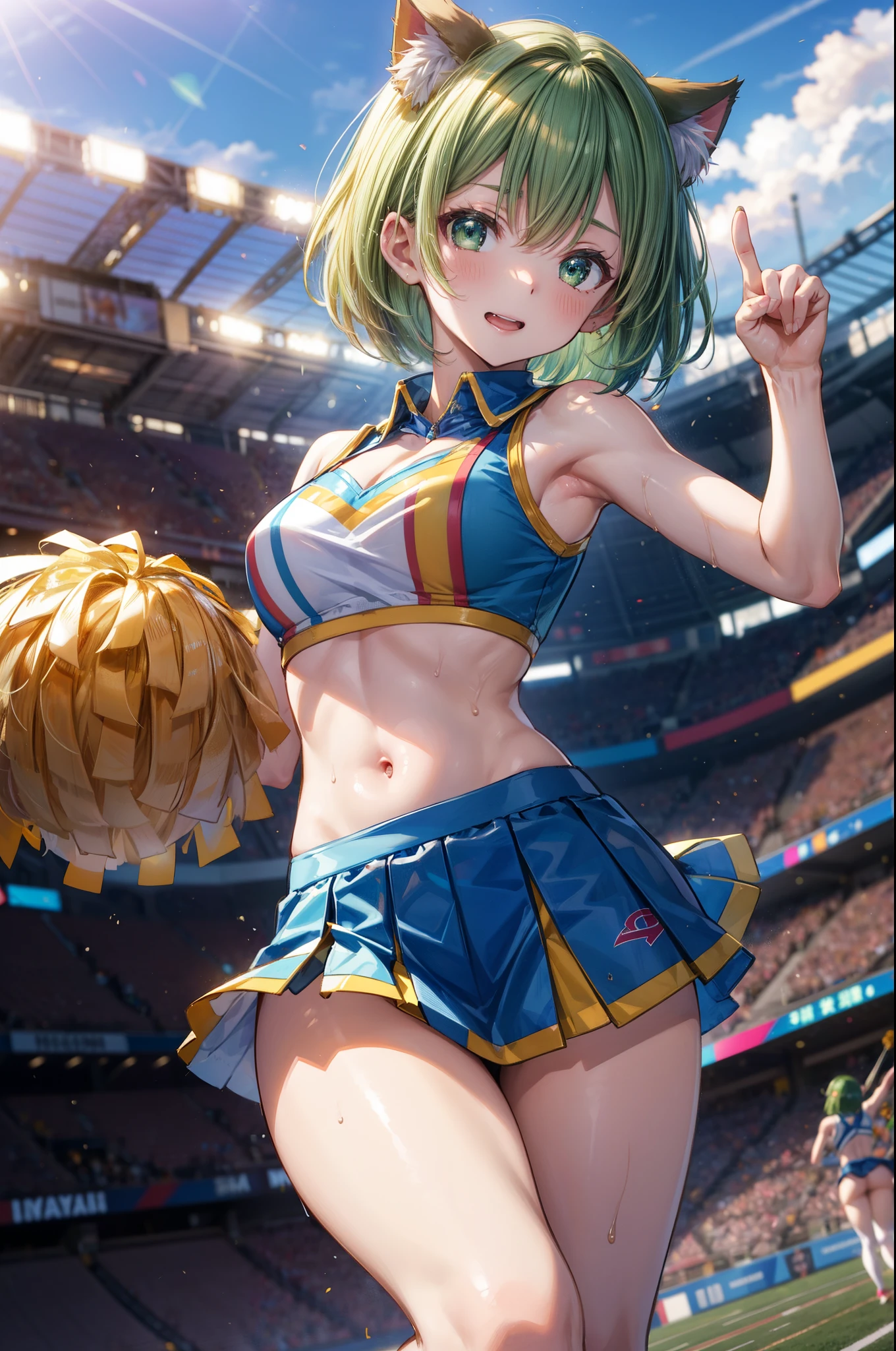 (cheerleader), Cheering, break, short hair, ((green hair1.5)), (cat ears a green), bob cut, (((4 defined fingers))), (((1 defined thumb))), (looking at viewer), break, sexy, ((solo)), (1 cute girl), ((highest quality)), ((masterpiece)), (familiar),  skindentation, perfect face, 8k , break, black eye, medium breasts, perfect limbs, (visible nipples:0.6), (camel toe:0.5), sexy, (sexy pose), (dutch angle), from below, dynamic pose, deltamon, Sunny weather, athletics stadium,