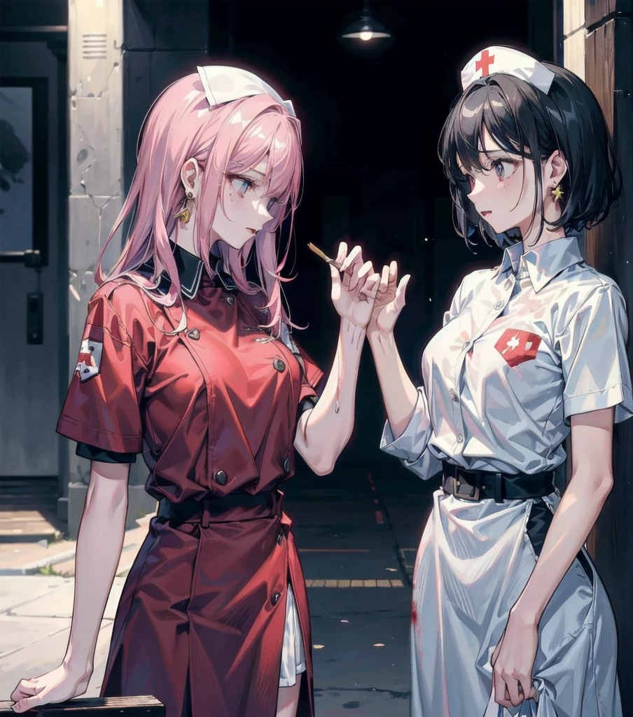 (((yuri))), (((2 girls))), blood splatter, blood on clothes, blood stain, hospital, ((nurse uniform)), absurdres, RAW photo, extremely delicate and beautiful, masterpiece, Best Quality, ultra high resolution, 32k, hyperrealistic, ultra-detailed, detailed description, perfect anatomy, pale skin, 20 years old, detailed beautiful face and eyes, tearful mole, earring, short medium hair, wavy hair, random colored hair, whole body shot, colossal tits,