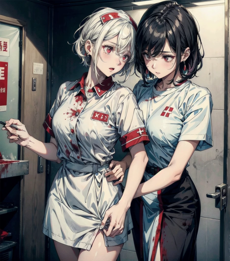 2 Girls、Hairstyle of your choice、Red eyes、Fangs growing、vampire、high school student、Pure white pale skin、Pure white hair、Nurse uniform、Nurse Skirt、Height 170cm or more、vampire学校の生徒、Red nails、Slightly sharp nails