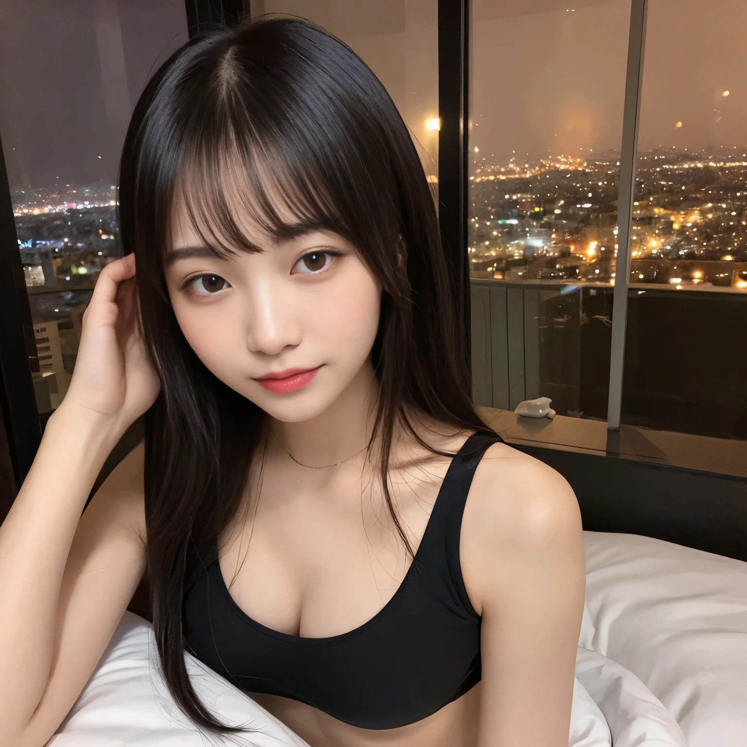 1 female,18-year-old,black eye,Beautiful Face,(Thin skeletal surface+Delicate features、),Highly detailed face,(Subtle Japanese Makeup), (Messy and multi-layered, With bangs), smile,Look at the camera,Fair and smooth skin,(Best Skin Type:1.21),(clavicle:1.2), Lift up the skirt, Boxer Swimwear, Black Hair, close your eyes、Sensual face, Fully glassed bedroom、A modern atmosphere with the city night view as a backdrop