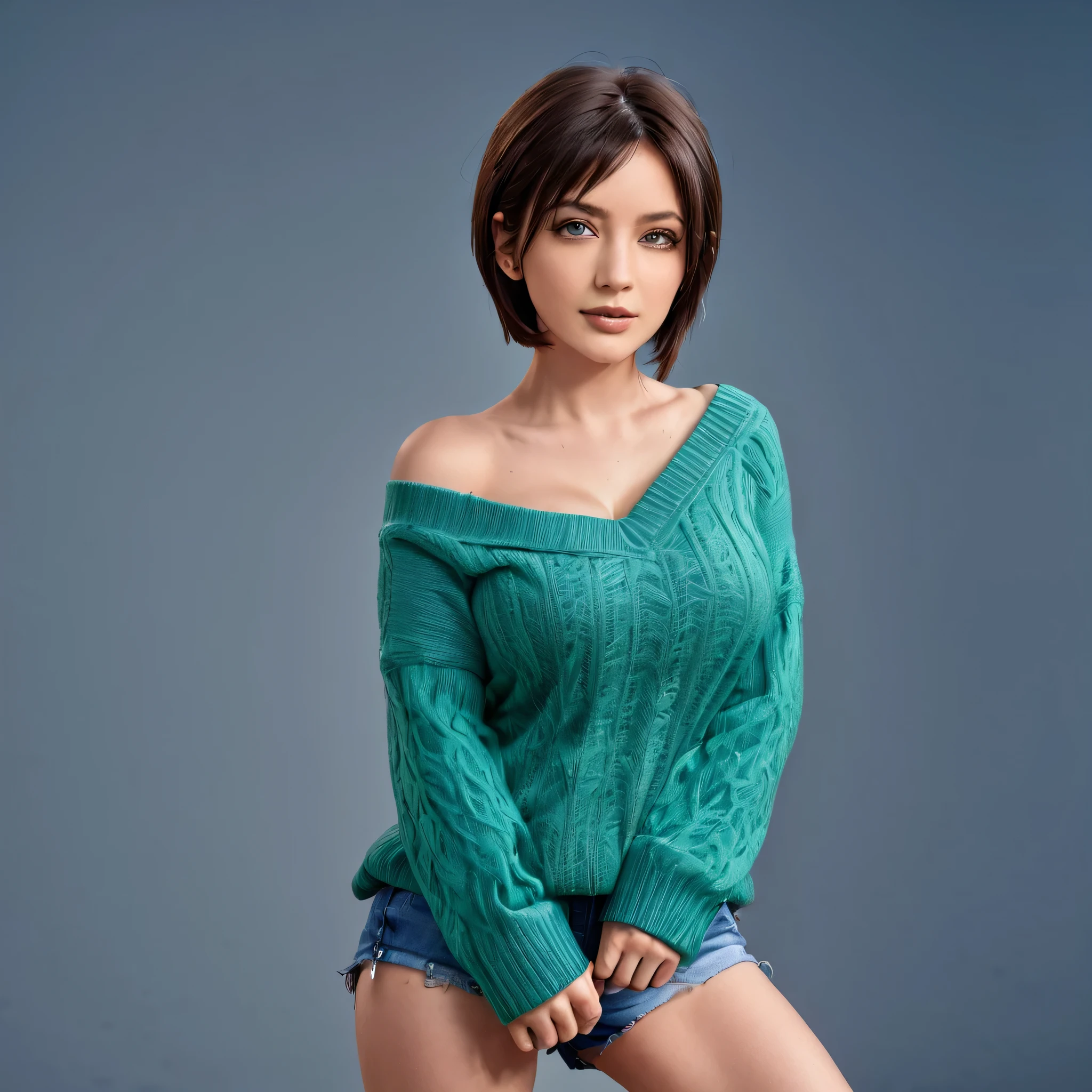 sharp focus, cinematic lighting, Ultra realistic, hyper realistic, full body shot, camera shot from side,  solo portrait of a 30 years old young beautiful woman, black and brown short hair, blue and green mix colored eyes, hourglass shape body, woman is wearing blue sweater and shorts,  big breast, flower tattoo on her left arm , clear face, clear legs, clear hands, standing in front of the BMW car, on the road, realistic photo of beautiful woman, hazel eyes, necklace,