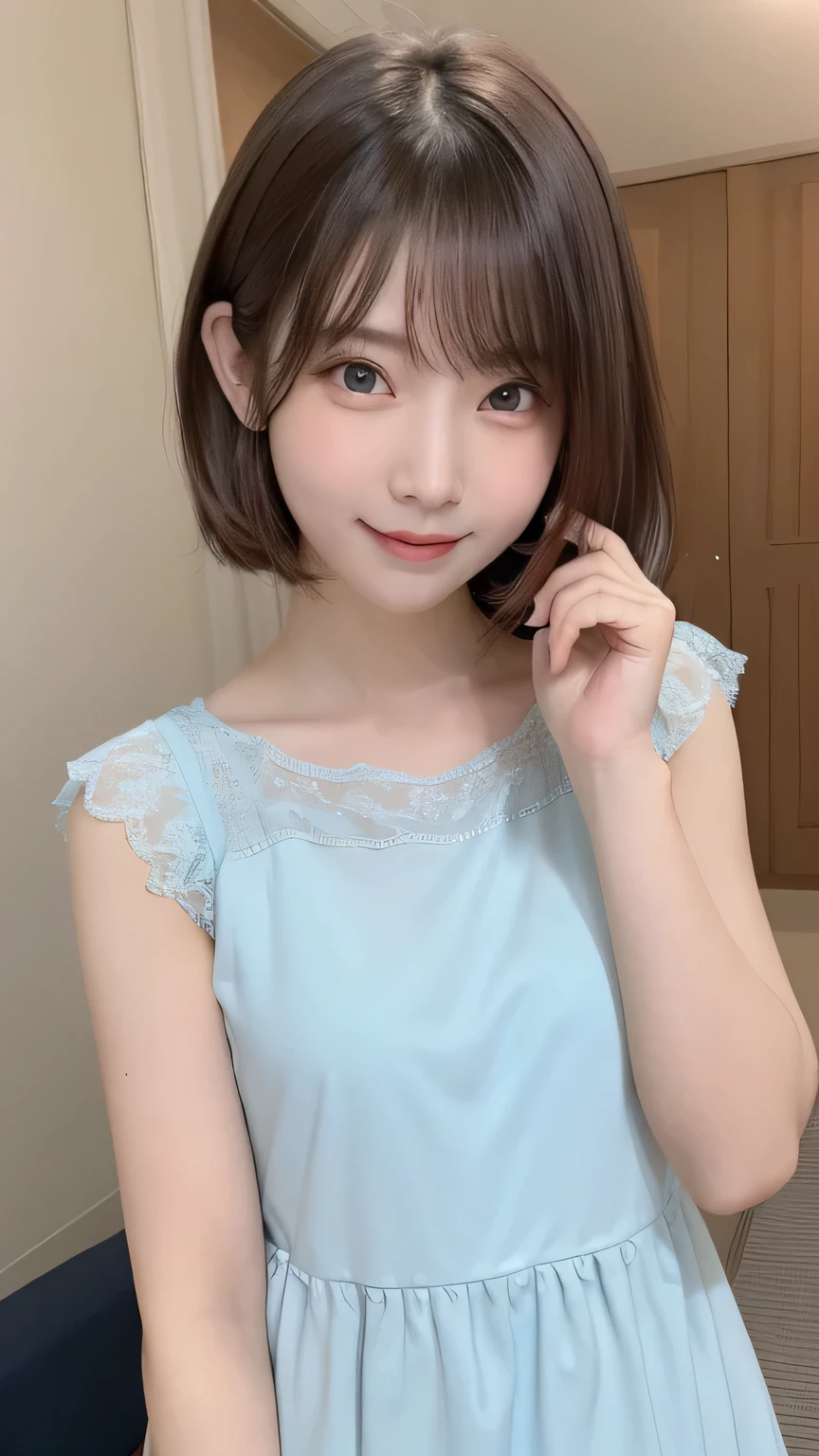 One girl,summer,Inside the room,Bed,Sit down,Black Hair,,Very Short Hair,Navy Blue,Sleeveless,Unbutton it,A big smile,6th grade elementary school,Japanese,single eyelid,Neat face,Small swelling in the chest,Honey,front,Look here,transparent, Soft Light,(masterpiece, Highest quality), Structure of the film, Like a movie