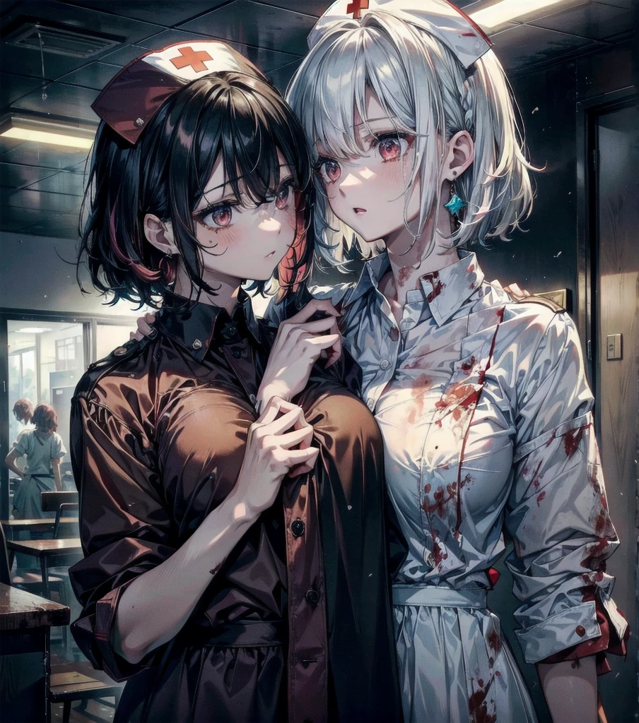 (((yuri))), (((2 girls))), blood splatter, blood on clothes, blood stain, hospital, ((nurse uniform)), absurdres, RAW photo, extremely delicate and beautiful, masterpiece, Best Quality, ultra high resolution, 32k, hyperrealistic, ultra-detailed, detailed description, perfect anatomy, pale skin, 20 years old, detailed beautiful face and eyes, tearful mole, earring, short medium hair, wavy hair, random colored hair, whole body shot, colossal tits,