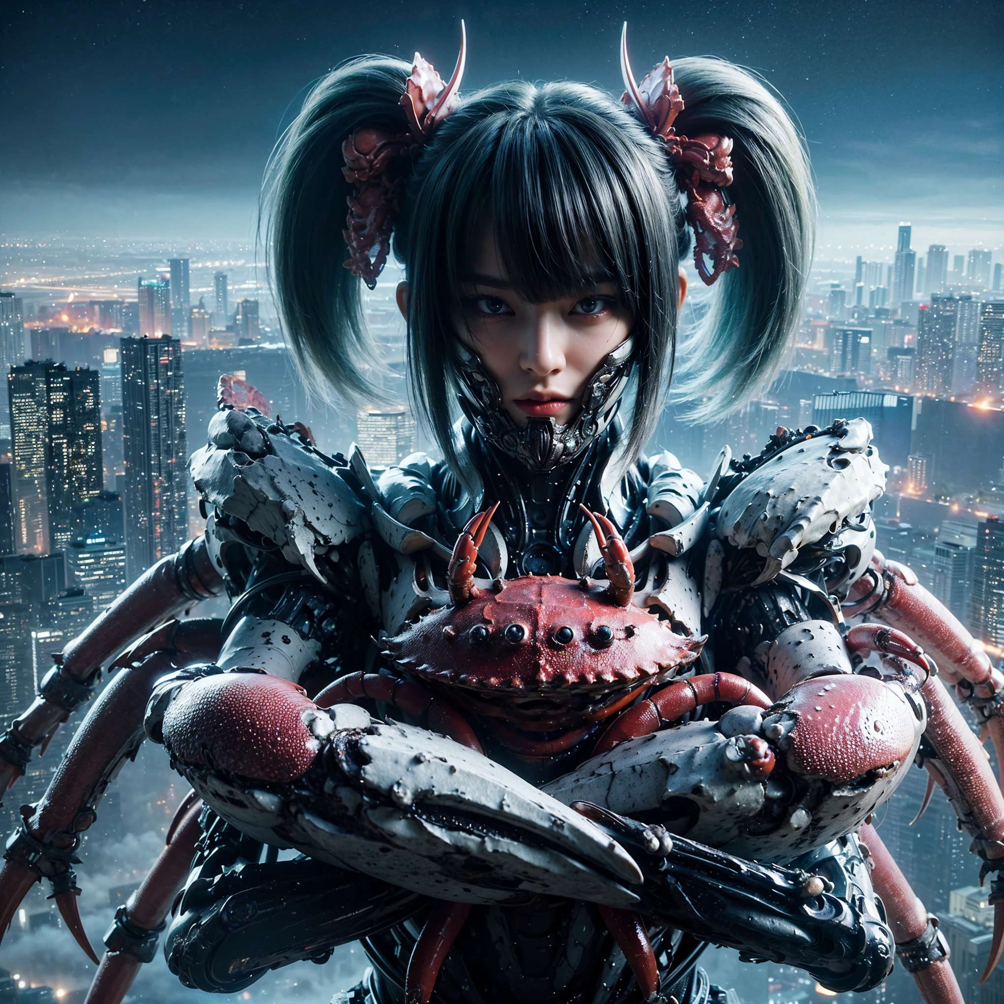 (top-quality:1.2, masterpiece), ultra high resolution, (Photorealsitic:1.4), (crab-base body), 1 Japanese female, extremely realistic face, (white hair), ((ultimately intricate all details)), (whole body picture), realistic shadow, octan render, glossy textures, character edge light, Details of complex ornaments, dystopia with a beautiful view at night, fighting pose