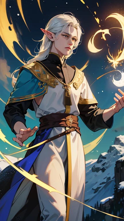 character: this is a young elf guy, approximately 2 meters tall, sports, but slightly elongated. He has dark skin, bright golden eyes and ears of medium size for an elf. His hair is snow-white, like the moon shining, wavy and slightly below the shoulders. By origin he is a magician of greenery and light..
Background: character stands in a small meadow, around which the forest is located. night, the moon is shining high in the sky.
character стоит прямо по расположению к нам, dressed in the robes of an adventurer-tracker and in the dead of night casts one of his spells, holding an ancient tome in his hands. Symbols flicker around him, small clots of light magic.
Art in high quality, without piled up, but with good attention to detail.
