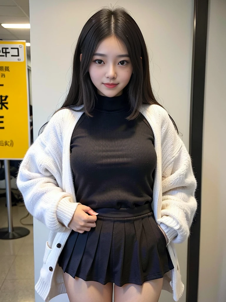 Very happy cute girl, Slightly light black hair, Grabbing her cheeks、There is a mole under the right lip、Wear long sleeves、Wearing a skirt