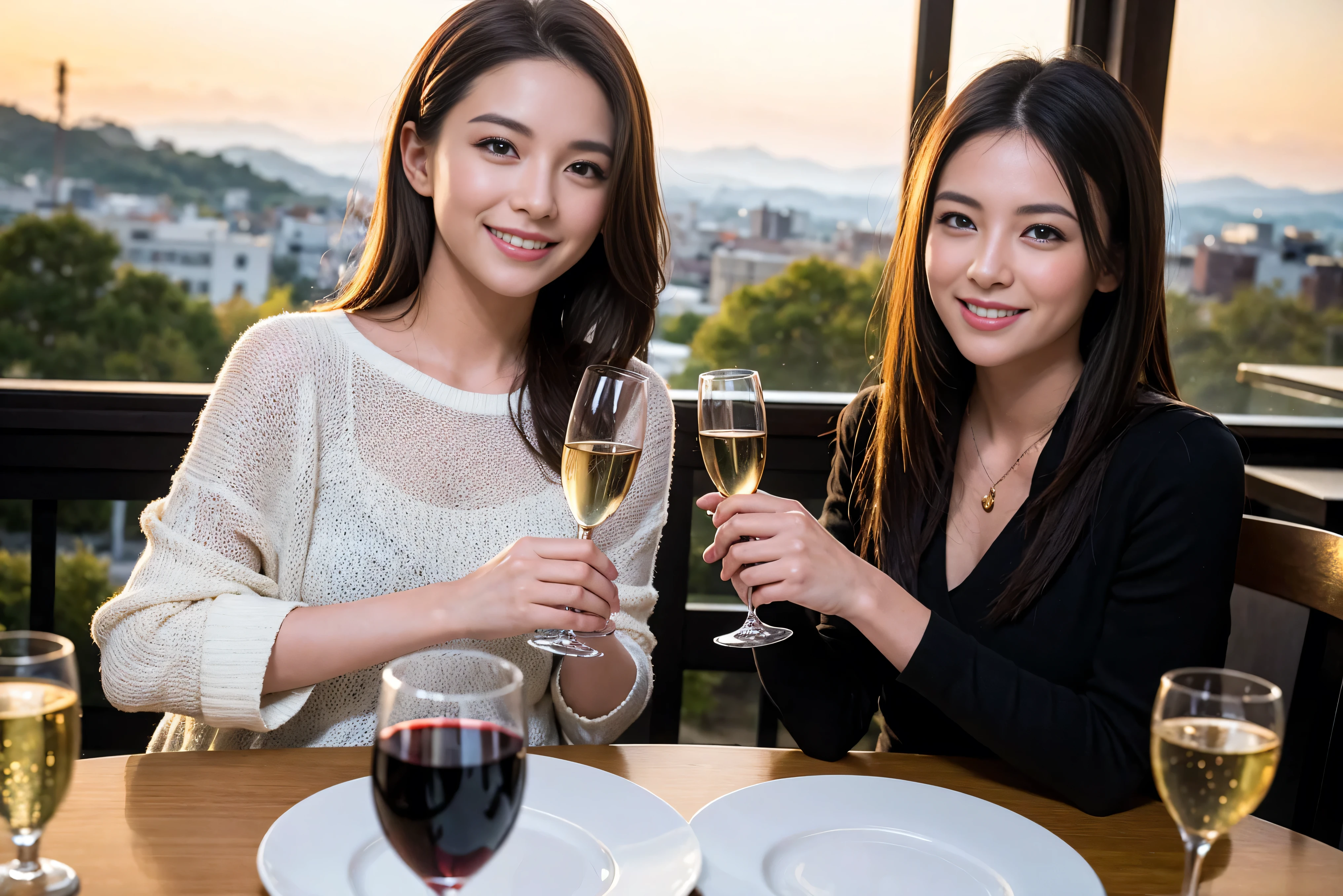 ((highest quality、8k、masterpiece:1.3))、1 male、1 female、Couple、Spouse、Satomi Ishihara-like beautiful couple、The body is slim、((Bob Hale、Straight hair:1.2)), (Realistic, Intricate details:1.2), Wine glass on the table、Put the light on your face、 Amazing view of the sunset sky and clouds、Amazing mountain views、A bright smile、The wonderfulness of smile、Bright image、The beauty of wine, Beautiful Face, blue eyes, The light shines on your face, Blushing, short hair,Bright Face、 (Age 35), 39 years old, red wine 、Appetizers、Italian food、Wine bottle、Champagne、sparkling wine、Two beauties、Brown Hair、Shortcuts、Long sleeve shirt、dress、Pretty Woman 1, (Slim face), (The body is slim), (Brown Hair), (Shortcuts), cheeks turn a little red,Attractive beauty、restaurant, In a prominent place (From the waist up) Nova Frog Style, actress, model, Upper Body, White wine, slim, wine glass, A wine glass placed in the center, smile, (smile: 1.15), Beautiful fine grain, Depth f/2,saturation, High Contrast, Strong light and shadow,Moist Body:1.5、3D texture、Delicate eyes、Brown Hair、The hair is very shiny、