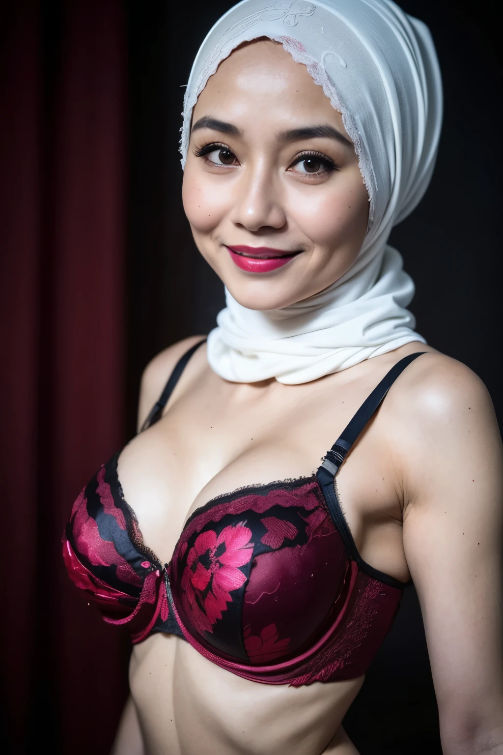 ((Old body lady:1.3)), ((Old lady:1.6)), (Happy smile), (((HIJAB MALAY GIRL))), masutepiece, High quality, UHD 32K, Realistic face, Realistic skin feeling , A Japanese Lady, 58 years old matured lady, , Very cute and baby-like face, (((FLAT CHEST))), (Night time at forest), ((look In front at the camera and SADNESS)), (((CUTE GIRL))), ((DARK RED FLUORESCENT LIPS)), ((Floral Pattern)) little ((wearing strapless bra)), strapless colorful bra, dark night background , black forest night, horror scary place, (from behind up) seductive pose, ((Huge bra:1.6)) Heavy Nipples