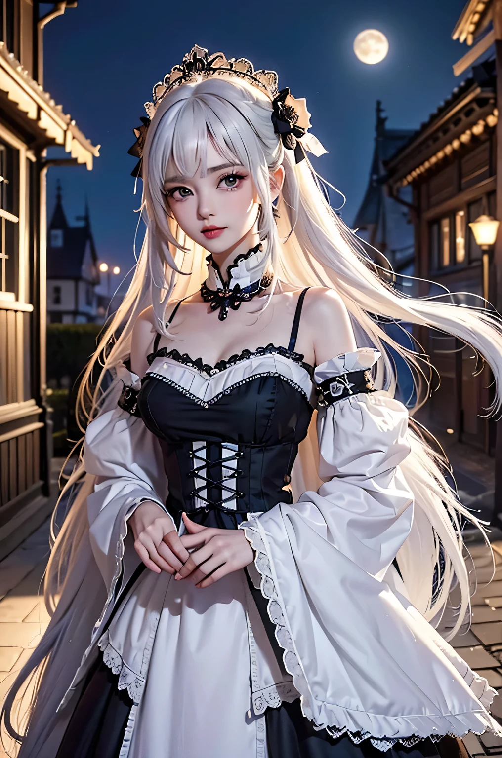 (masterpiece:1.4, best quality, 8k, dutch angle,Realistic、Photorealistic illustrations, Every detail、Intricate details)(1girl, solo)(cute girl, Detailed faces down to the smallest detail、 huge beautiful breasts, beauty white hair:1.5, Cute Asian Girl、Beautiful cleavage)(Gothic、Lolita Costume、black gothic dress、Monotone dress)(arms behind body. floating hair)(Night view、Britain in the late 20th century、A row of stone houses、out door、moon、Soft Light、Fantastic lights、Beautiful hair that shines through the light)
