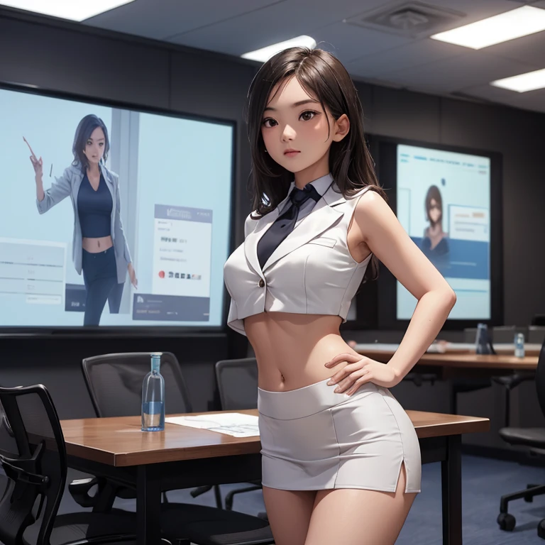 Girl in crop top professional suit, showing navel, ((doing presentation)), in the conference room