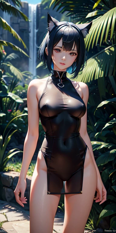 american shot, Professional anime art, anime, cat woman 19 years old very beautiful, Cat ears, ((Short blue hair, bangs, very short white 300% transparent silk dress)), Very strong rising wind, (Looking at the viewer: 1.1), ( (Egypt style, pharaoh, 50% Very short and realistic 300% transparent silk underwear)), (face: symmetrical, seductive and pleasant), sexy pose, 2-piece suit, professional seductress, slim figure with perfect body, centered, a jungle in the background with heavy rain, high contrast, HDR (High Dymanic Range), Ray tracing, NVIDIA RTX, Super resolution, Unreal 5, Sub-Surface Scatterring, PBR texture, Post-processing, Anisotropic filtering, Depth of field, Maximum clarity and sharpness , Multilayer textures, Albedo and specular maps, Surface shading, Precise simulation of light-material interaction, perfect proportions, High octane rendering, two-color lighting, Wide aperture, low ISO, 8k, camera canos eos professional lens 50mm