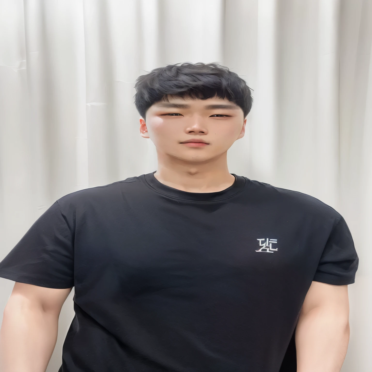Araped man in black shirt standing in front of white curtains, Hyuntae, Junhyung Hong, Taejun Kim, Doyoung Kim, Wearing a black T-shirt, he is Wearing a black T-shirt, Jungwon Charles Jeong, Cute and lovely Korean face, with short hair, Wearing a black T-shirt, & Jihyung Lee & WLOP