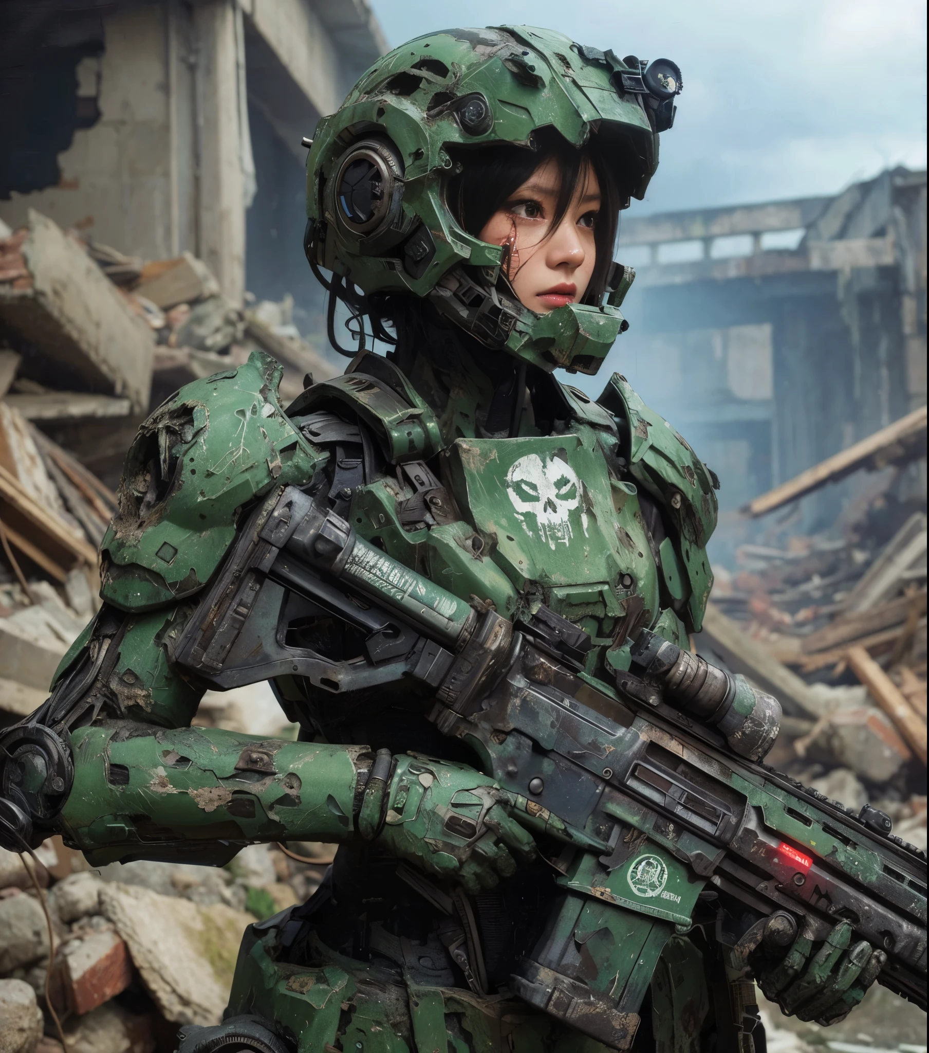 ８ｋ,Realistic Skin Texture、Superrealism、Realistic Photo、A futuristic Japanese female soldier stands amongst rubble、Damaged moss green metal armor、Skull mark painted on armor、Painting of the unit and identification number、Peeling paint、Oil stains、Energy Rifle、fighting spirit、Detailed Description、Dynamic pose
