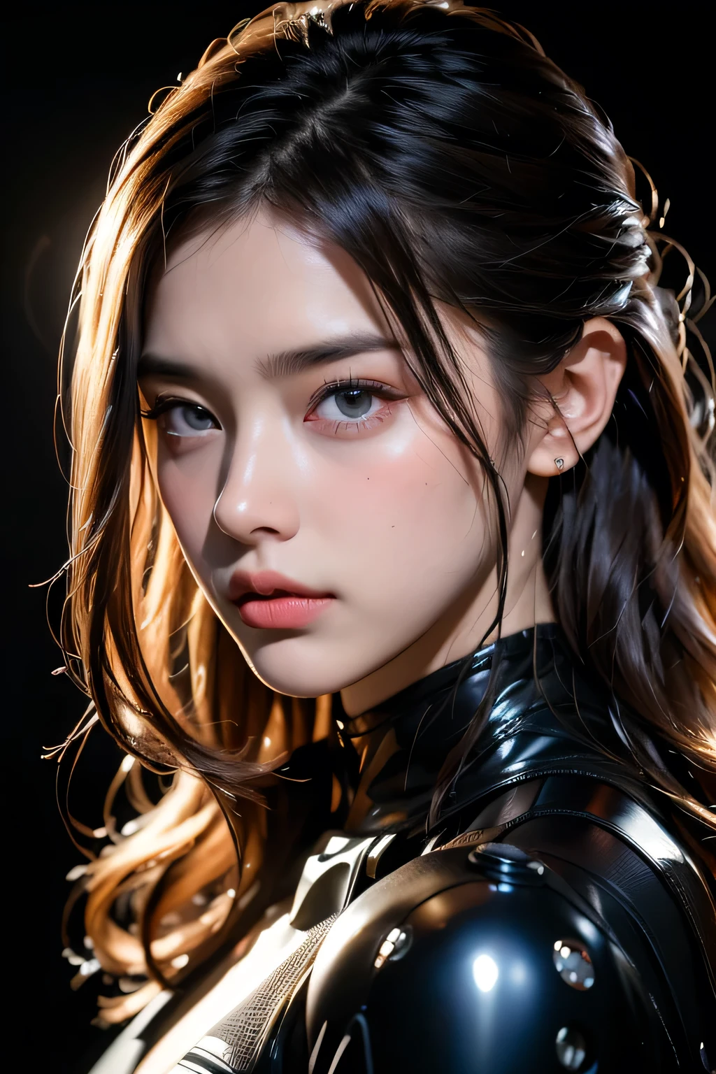 debtull face portrait photo of 25 year old European girl、born、Beautiful woman、Semi-open stbornberry lip、Dimples、A melancholic look、(Very long wavy brown hair)、((Detailed face))、((Detailed faceの特徴))、(debtine detailed skin)、Pale-skinned、(Black latex suit featuring a deep neckline)、Cyberpunk megacity environment、(Cool colors)、Moist、Moist、Reflective plate、(masterpiece)(Perfect Proportions)(Photo Real)(最high quality)(detailed)Photographed with Canon EOS R5、 50mm lens, debt / 2.8, Debtdebt, (8k) (wallpaper) (Light) (Dramatic lighting) (Sharp focus) (Complex), bornphoto, bornphoto, Gigachad Photos, Strike a pose for the camera, Black latex suit,8k UHD, Digital SLR, high quality, Grain Film, debtujifilmXT3, debtilm Stock Photo 4 Kodak Portra 400 Camera debt1.6 lenses Rich colors Ultra-realistic textures Dramatic lighting Unreal Engine Art Station Trends Cinestill 800 Tungsten, toughboy style、Ultra debtocus debtace、Intimidating、Battle positions、Short, unkempt hair、muscle、Rupture of a vein、beads, masterpiece, 最high quality, high quality, High resolution, ((In the cave)), Upper body portrait
