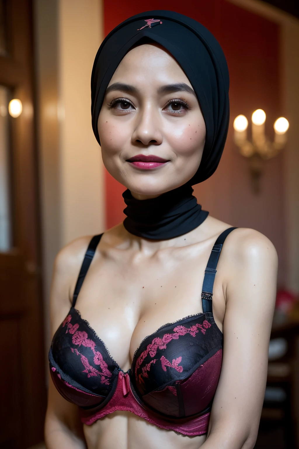 Spectacles, ((Old body lady:1.3)), ((Old lady:1.6)), (Happy smile), (((HIJAB MALAY GIRL))), masutepiece, High quality, UHD 32K, Realistic face, Realistic skin feeling , A Japanese Lady, 58 years old matured lady, , Very cute and baby-like face, (((FLAT CHEST))), (Night time at forest), ((look In front at the camera and SADNESS)), (((CUTE GIRL))), ((DARK RED FLUORESCENT LIPS)), ((Floral Pattern)) little ((wearing strapless bra)), strapless colorful bra, dark night background , black forest night, horror scary place, (from behind up) seductive pose, ((Huge bra:1.6)) Heavy Nipples