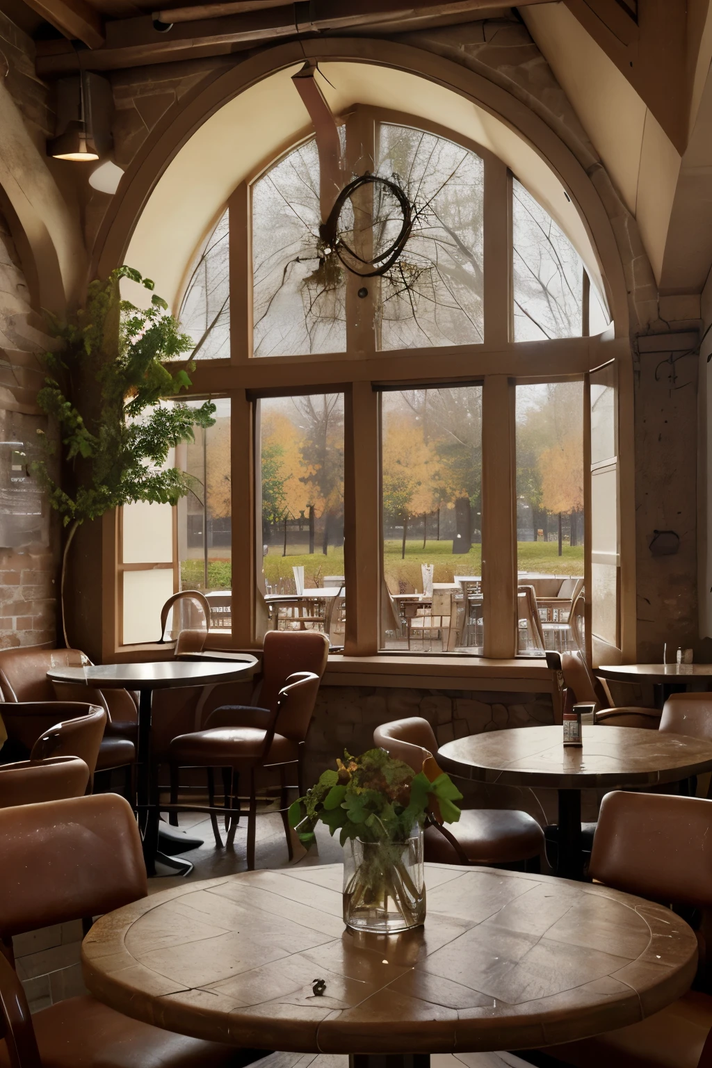 Cafe, Wine table and large windows, interior background art, a tavern, tree scenery, and "kedai kopi roni" in the wall