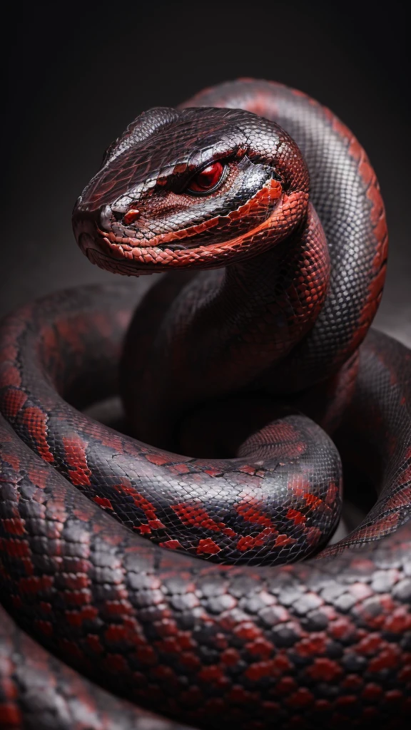 A fierce, dangerous dark red snake coiled in her pit, intricate charcoal drawing style, colorful, hyper realistic, ultra detailed, 4k, HDR, sharp focus