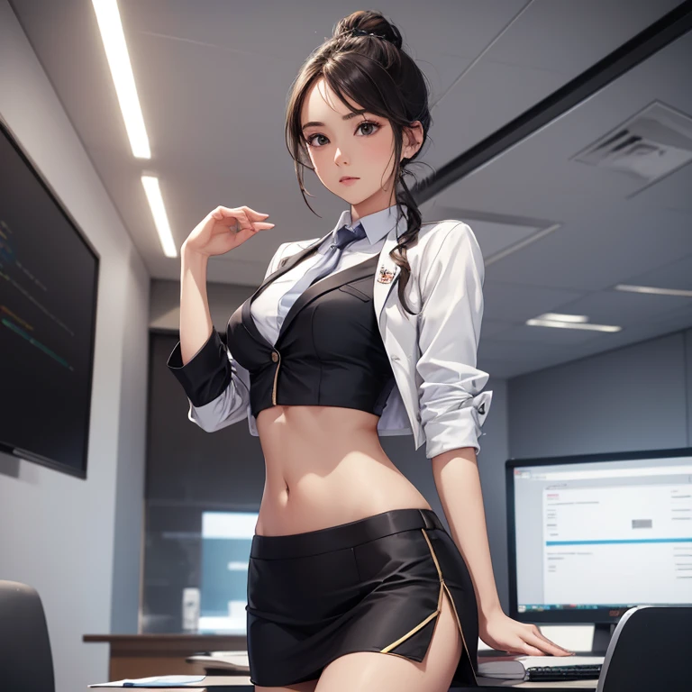 masterpiece、high resolution 8k、NSFW、Colorful light lighting、sharp focus、fine skin、table top、 highest quality、Ultra - High resolution、Super high resolution、Highly detailed CG、theme,full body shot、office room、many large monitors、Computer on desk、transaction、document、stock、chart screen、Female OL、woman is standing on the table、beautiful black eyes、(Detailed face and iace:1 2)、Clean pupils、almond eye)、(reddish brown hair、Medium short ponytail、high top fade:1.3、asymmetrical bangs)、(id card strap)、(Blazer for office wear shortage、white cutter shirt、black pencil skirt、pumps)、(gross、glossy lips、 size) 、(oval face : 1.4)、(thin fingers、fine arms、detailed human hand)、laughter、open your mouth、teeth visible, sexy lady, big ass, big milk, short skirt, high sexual, aurora and stars background, night sky