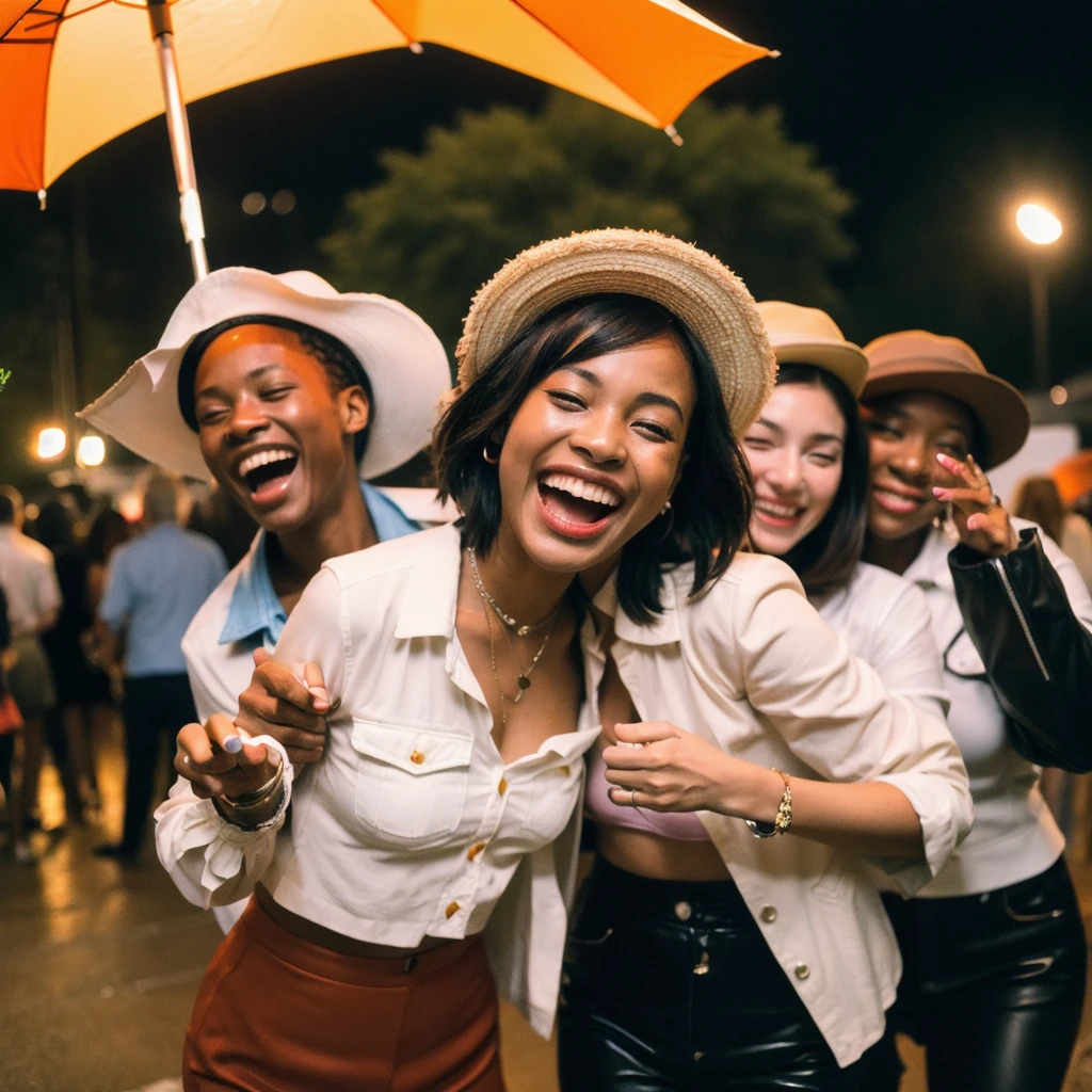 (best quality,realistic,highres,masterpiece:1.2),ultra-detailed,photorealistic:1.37,portrait,black South African women with orange hat wearing a cream white leather jacket, laughing and dancing in the rain,night,summer, day, joyful,film grain,Ilford HP5,35mm