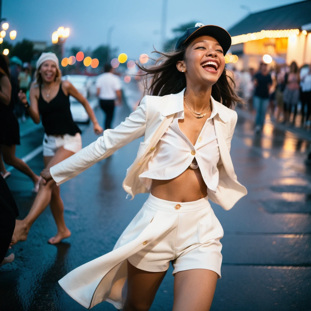 (best quality,realistic,highres,masterpiece:1.2),ultra-detailed,photorealistic:1.37,portrait,black South African women with orange hat wearing a cream white leather jacket, laughing and dancing in the rain,night,summer, day, joyful,film grain,Ilford HP5,35mm